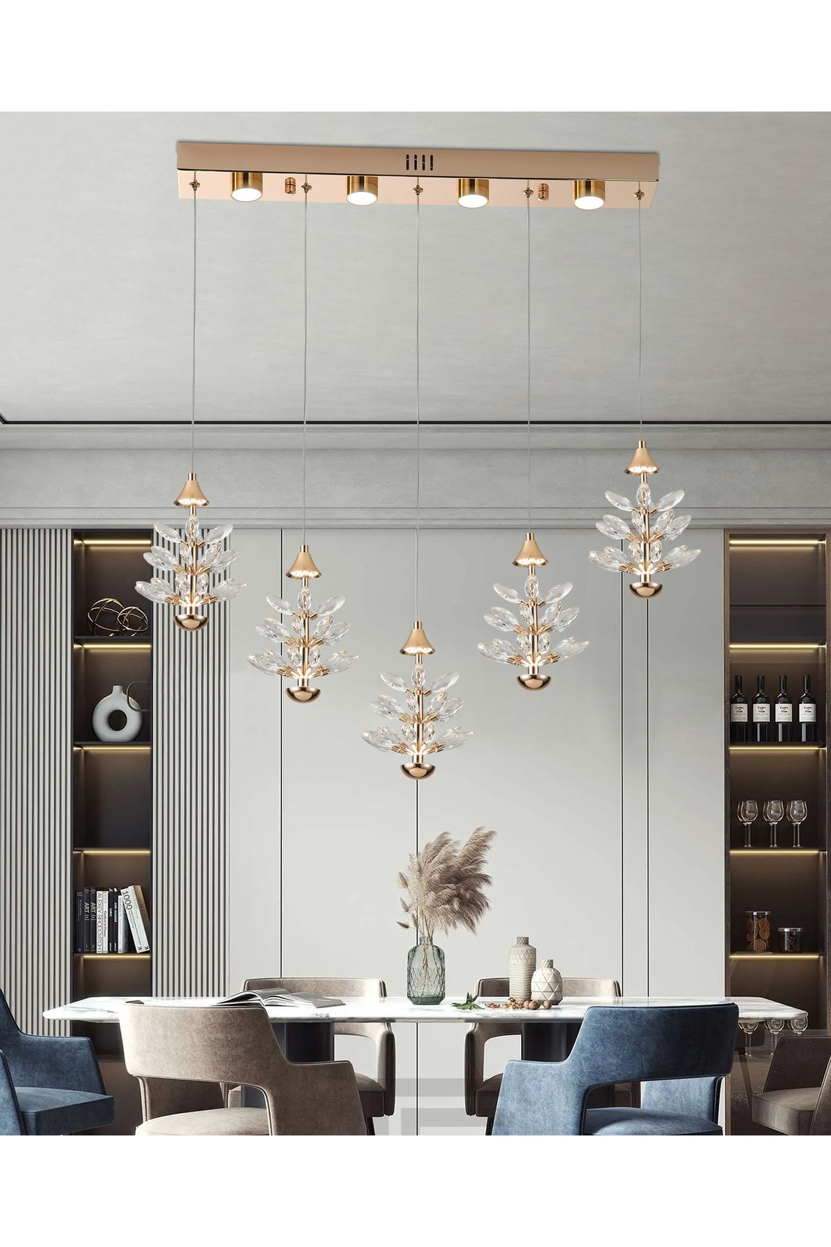 Apliqa Serap 5'Li 62 Watt 3000K Sıralı Gold Kristal Taşlı Ledli Salon Avize