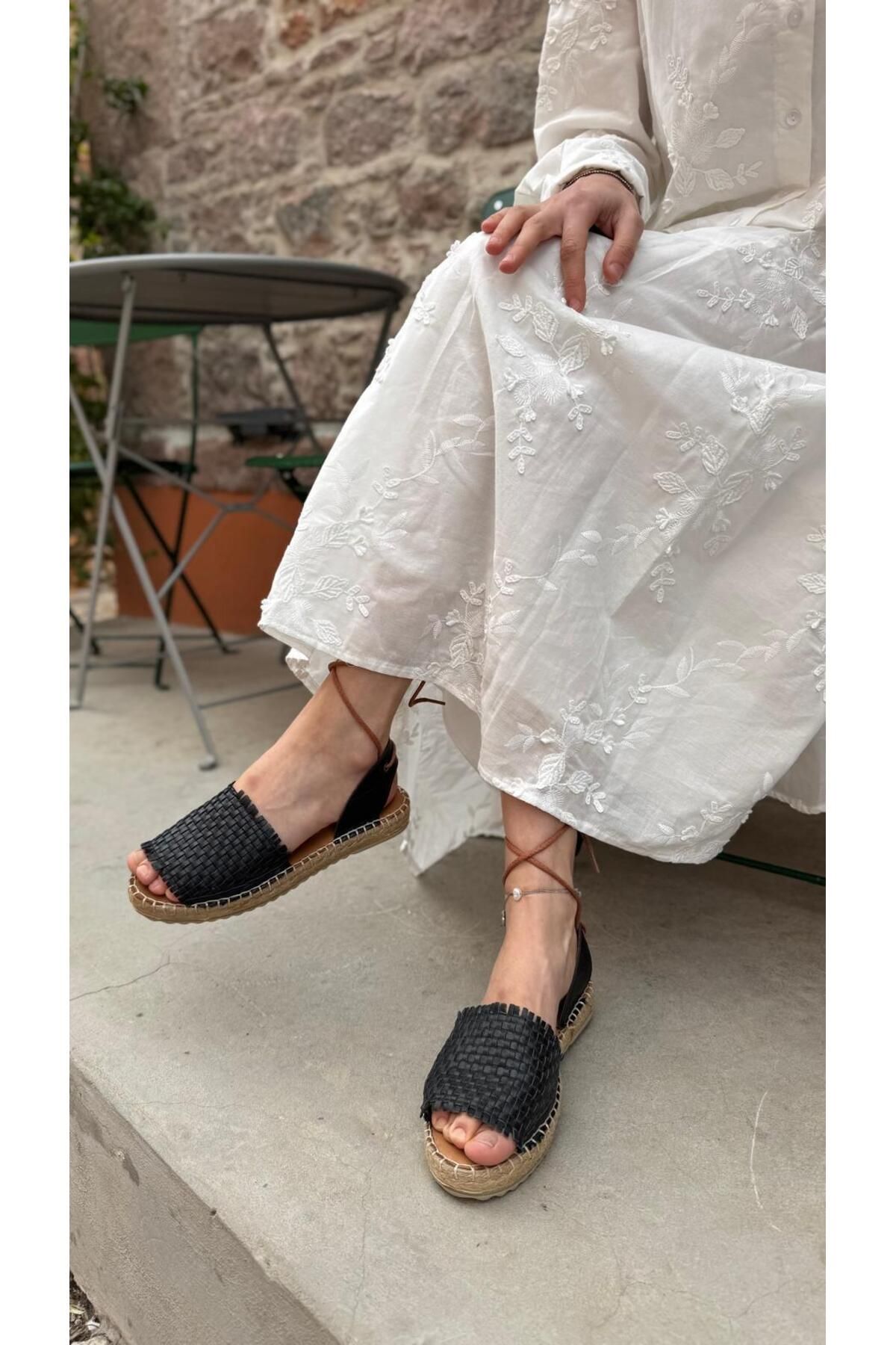 BABLACK Bilekten Bağlamalı Espadril Sandalet Siyah
