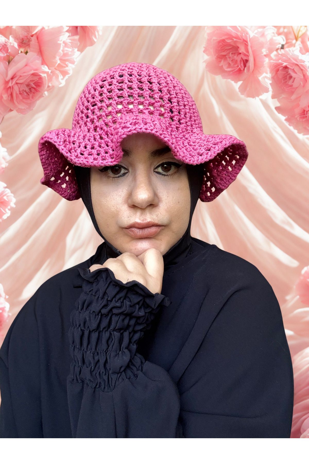 simarikcraft El Yapımı Pembe Makrome Şapka – Volanlı Bitiş, Yazlık Romantik Tasarım