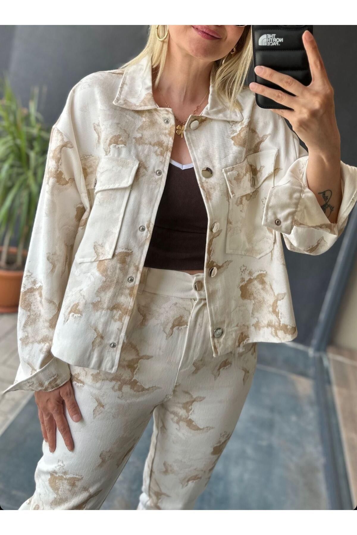 ribana Oversize Desenli Geniş Kesim Denim Kot Çift Cepli Overshirt Ceket Tarzı Mevsimlik Jean Gömlek