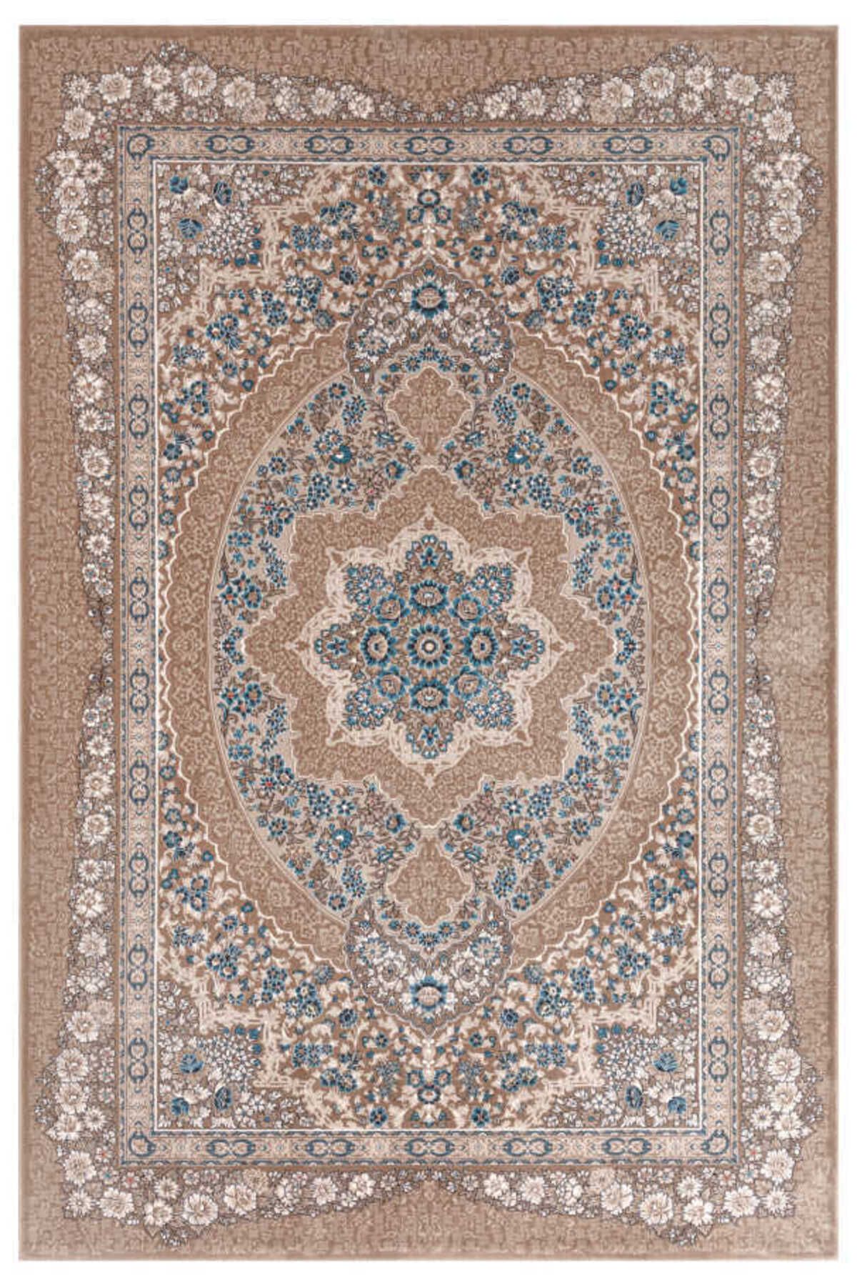 Classy Home Living Amasra Bej Mavi Halı Yumuşak Oturma Odası Salon Çocuk Odası Mutfak Halısı P9086