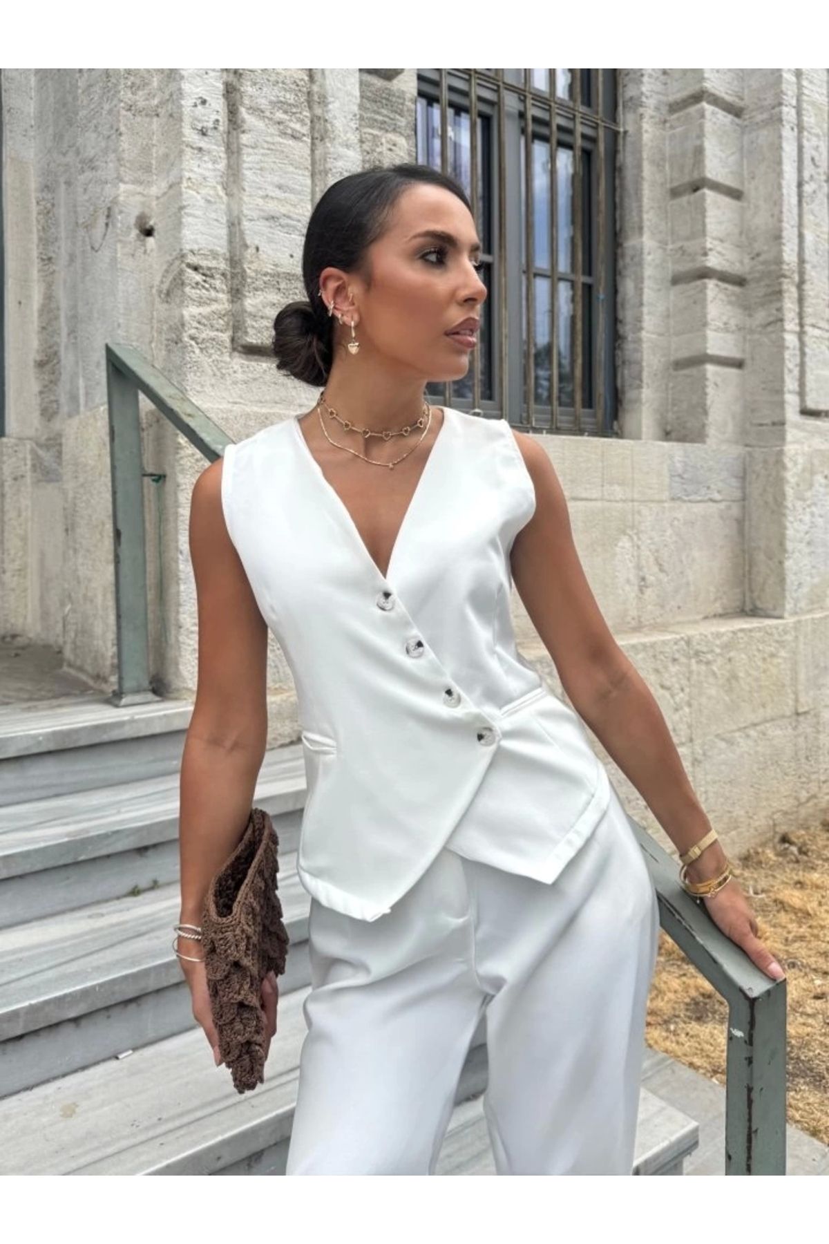 Butik Kadın Sıfır Kollu çapraz V Yakalı önden Düğmeli Atlas Yelek Ve Pantolon Ikili Takım