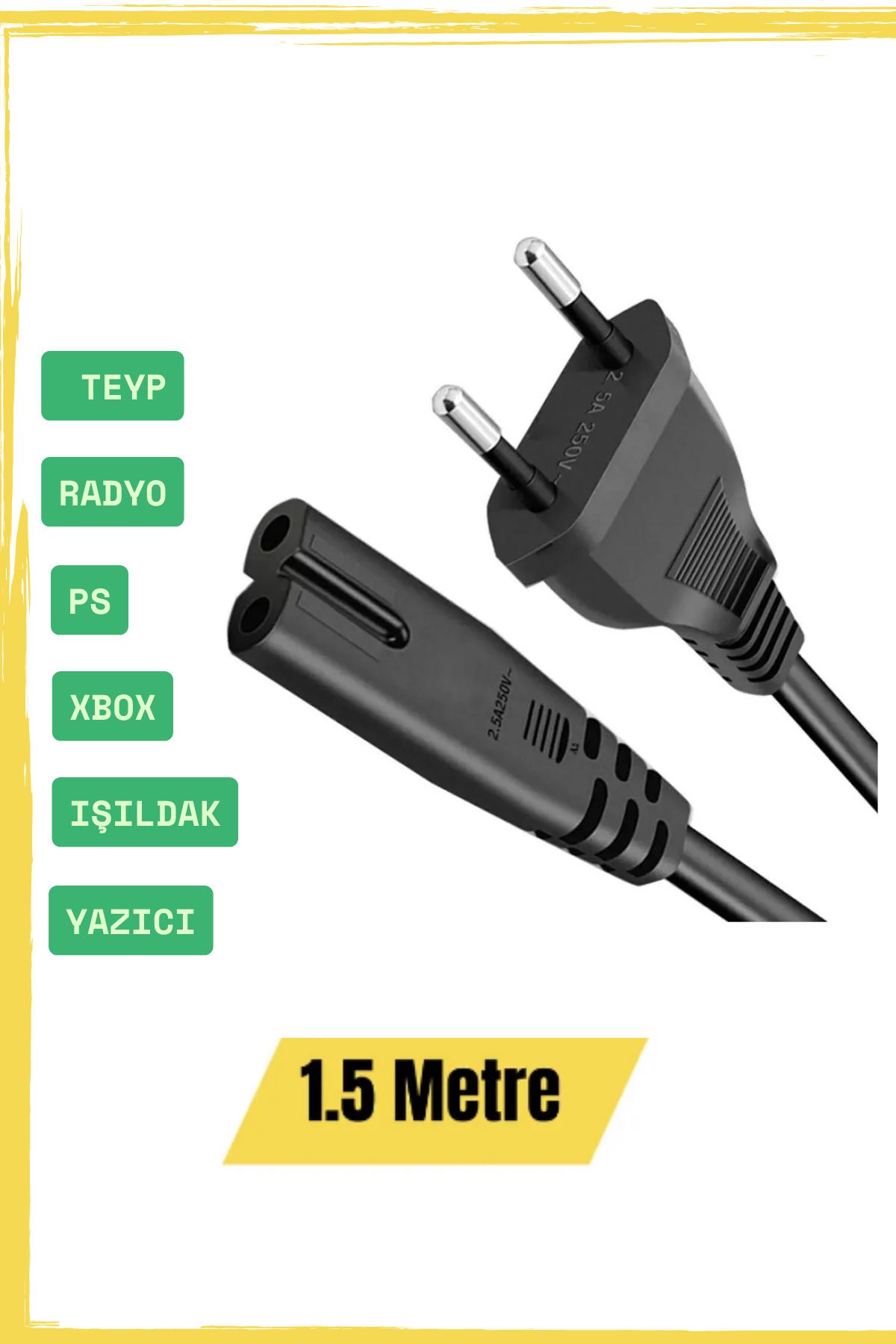 Sarftech 1.5 Metre Tv Işıldak Fişi Laptop Radyo Teyp Güç Kablosu Power Kablosu 2 Pinli C7 Elektrik Kablosu