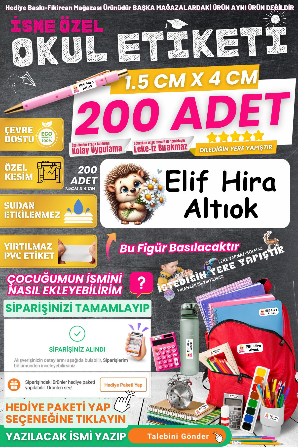 FİKİRCAN Fikircan-İsme Özel Okul Etiketi-SEVİMLİ KİRPİ 200 Adet - Kokusuz Ekolojik Mürekkep PVC ETİKET