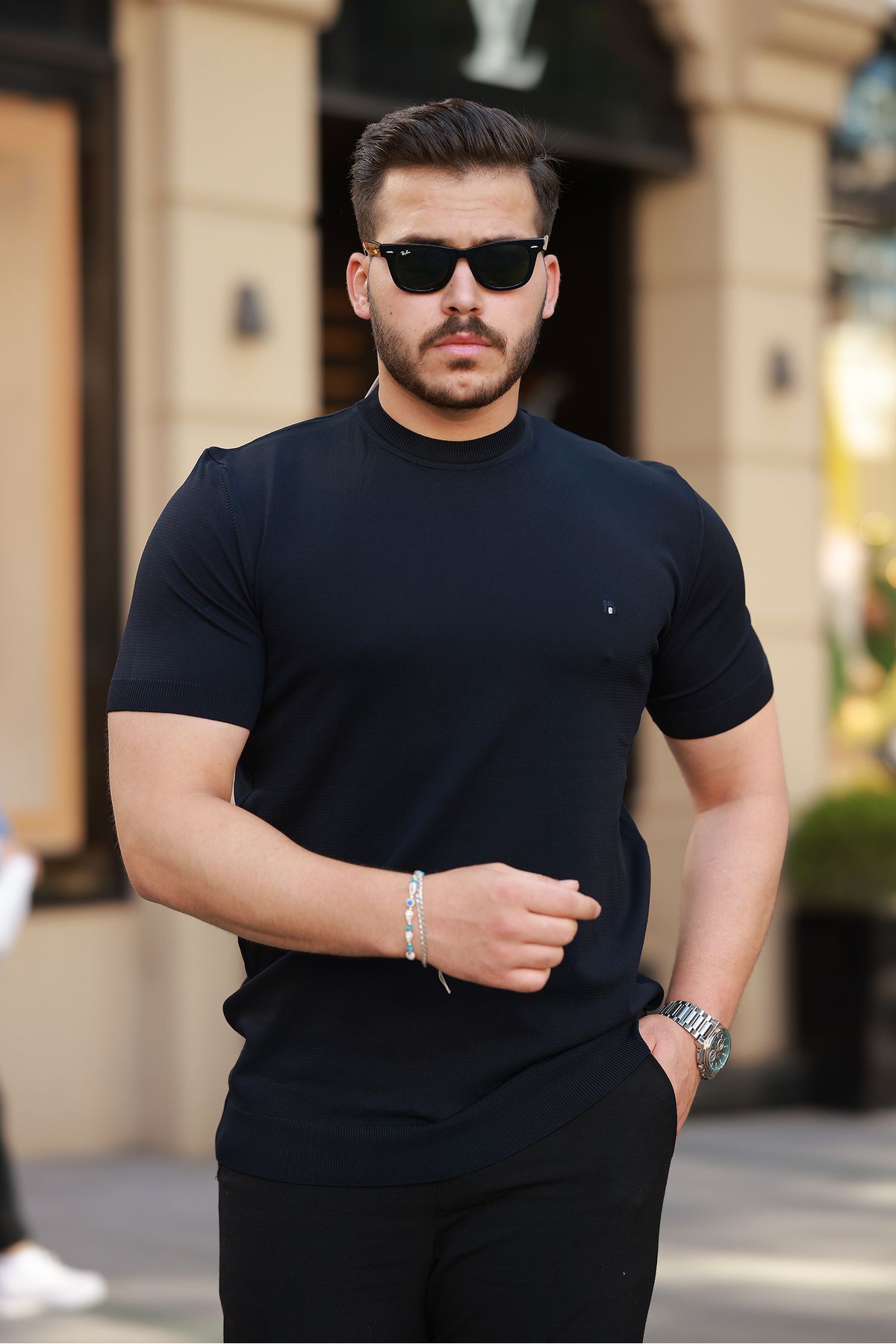 REFRESH Style Erkek Lacivert Bisiklet Yaka Triko Tişört