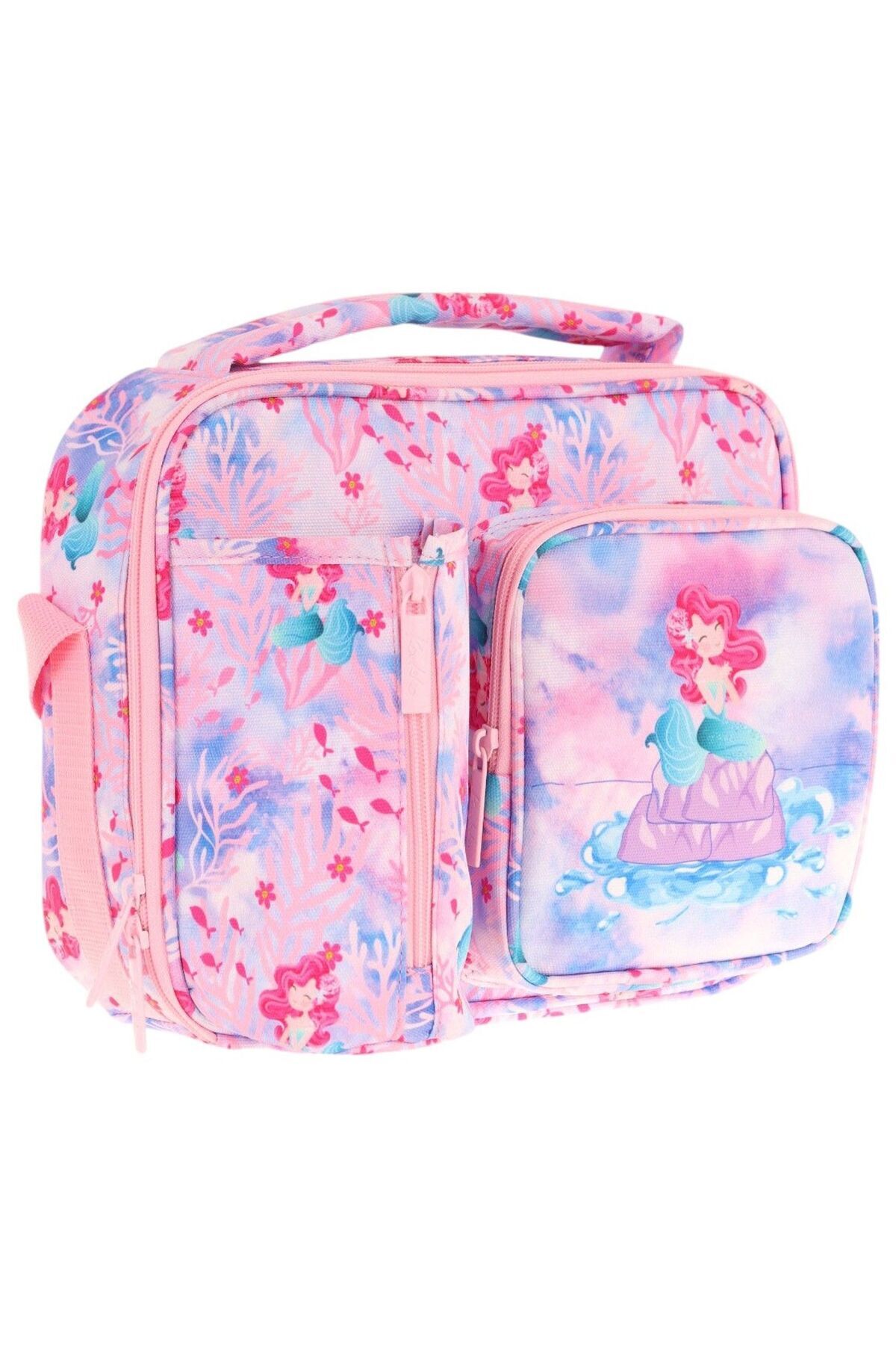 KAUKKO Kız Pembe Mavi DenizKızı Desenli Thermo Üç Bölme (Matara Cepli) Okul Beslenme Çantası L7217