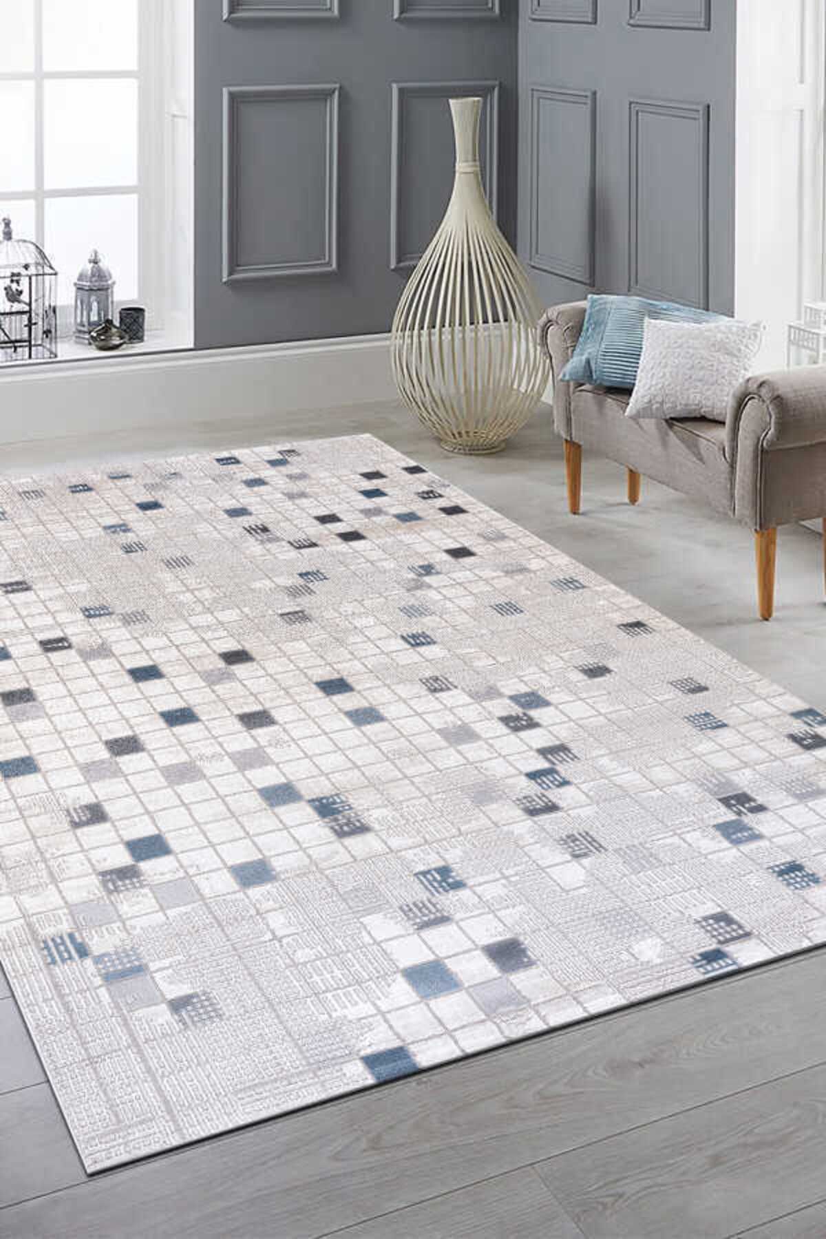 LİNOS HOME Bafra Beyaz Mavi Halı Yumuşak Oturma Odası Salon Çocuk Odası Mutfak Halısı P1190