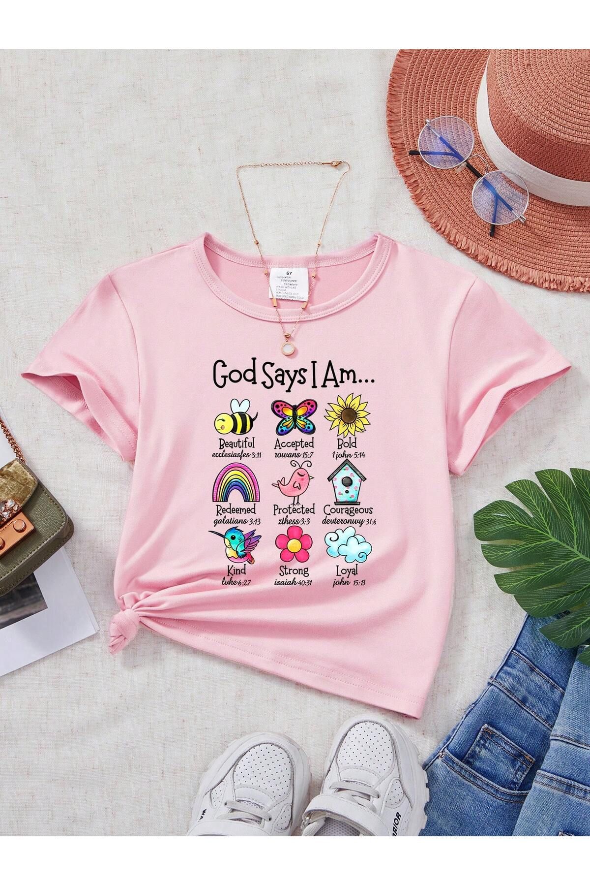 aynewmoda Küçük Kızlar İçin Yazlık Rahat Kısa Kollu Karikatür Mektup Baskılı Tişört
