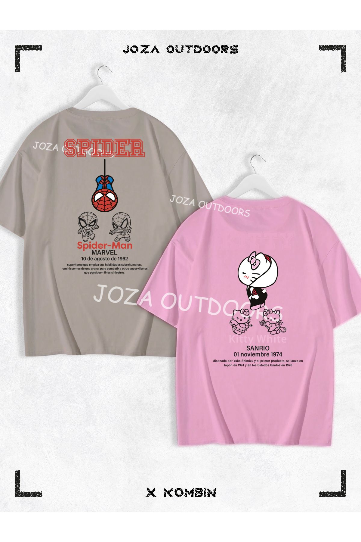 Joza Outdoors Kadın Erkek Kitty Spider Yazılı SIRT Baskılı Sevgili Çift Kombini Oversize Tshirt 2'li Takım