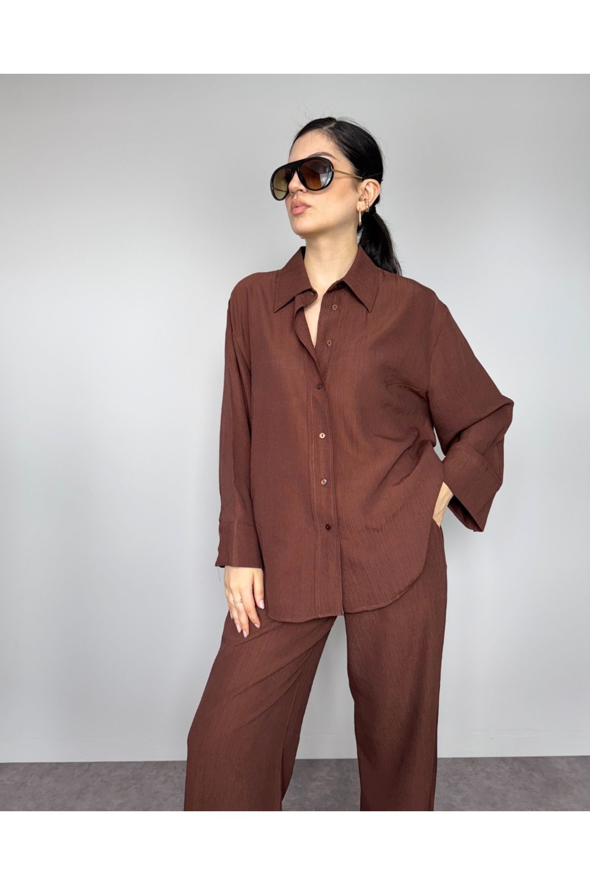 DEQ FASHION Kadın Kahve Rengi Krinkıl Keten Gömlek Pantolon Ikili Takım