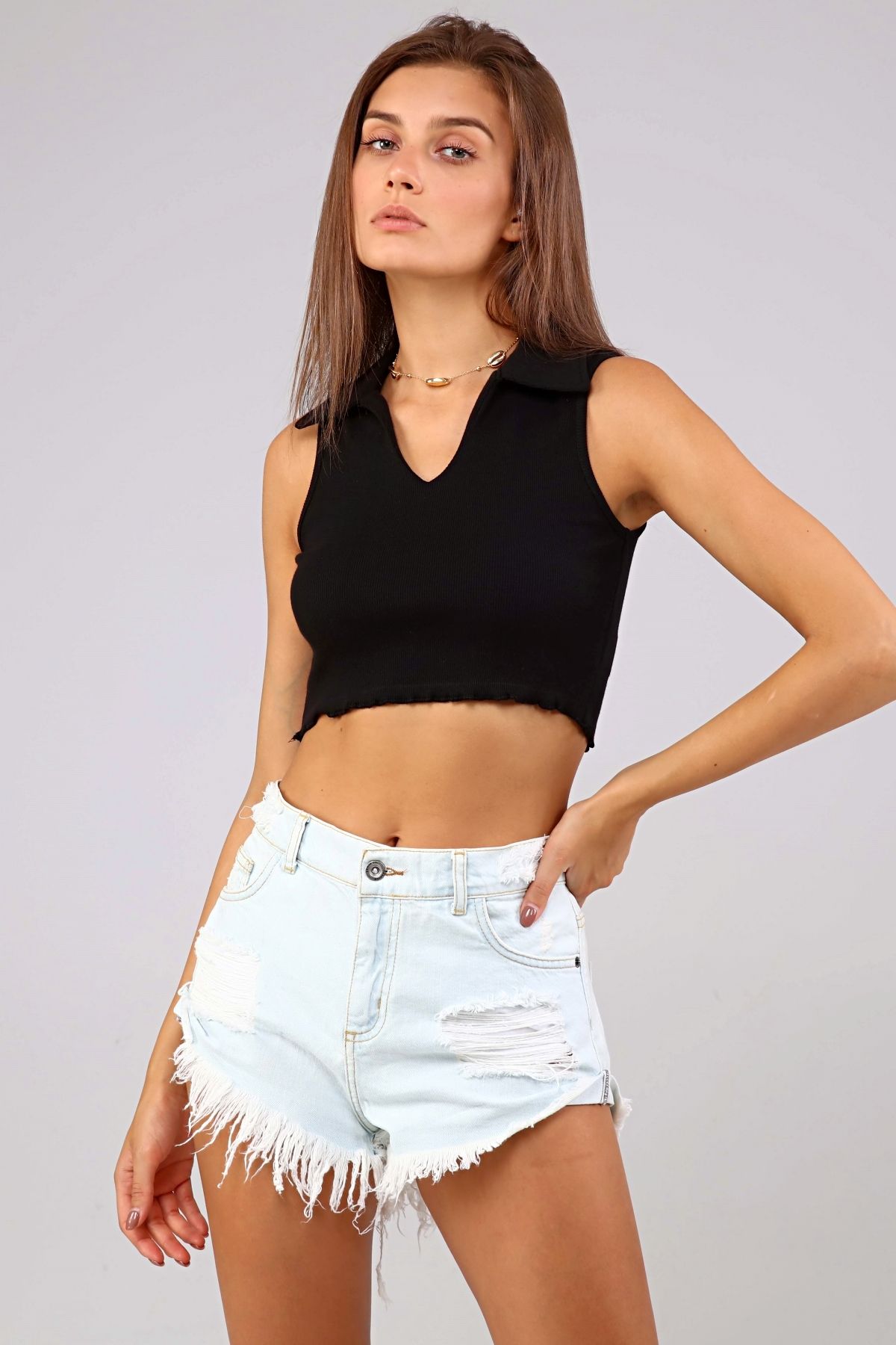 TF The Fancy For You Kadın Polo Yaka Sıfır Kol Crop Top Bluz