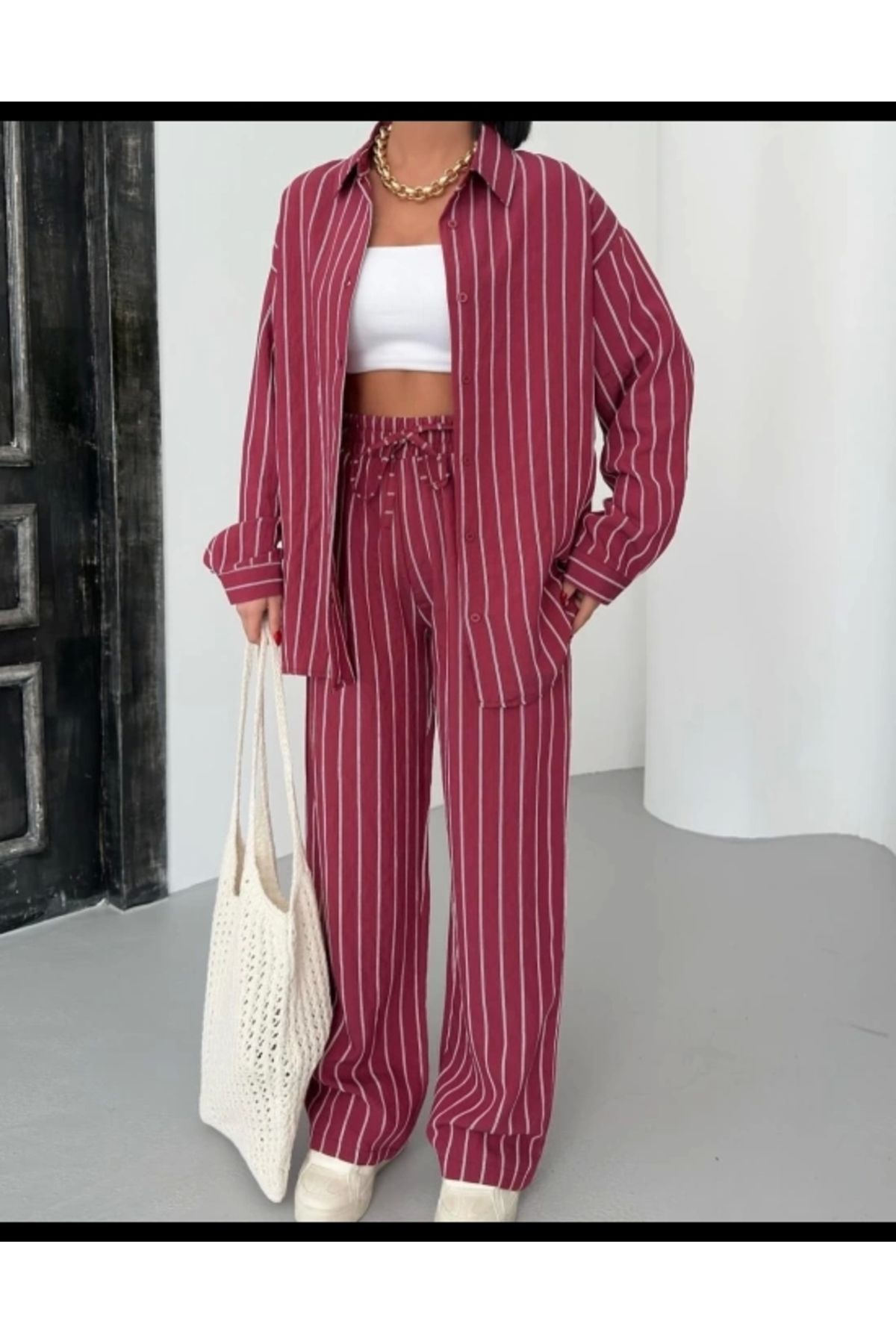 depo tekstil Bordo Çizgili Gömlek Pantolon Takım