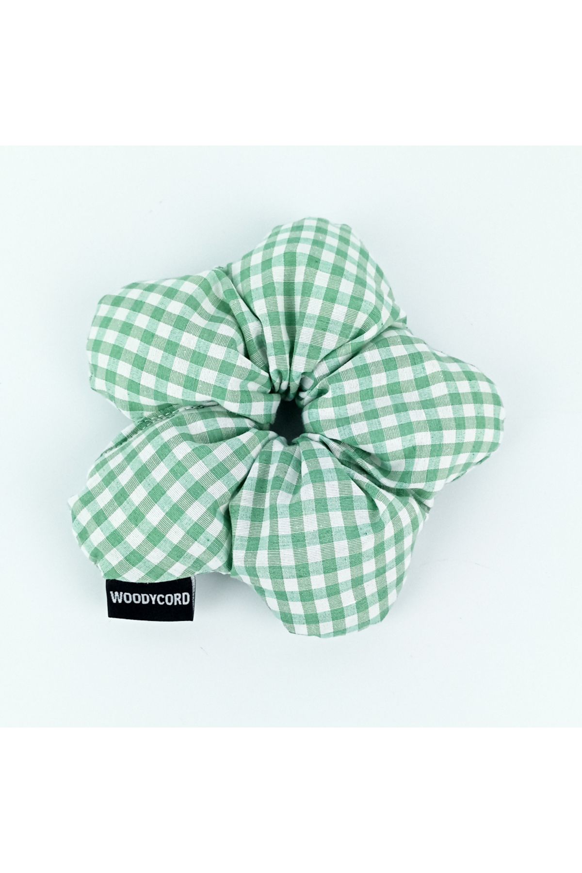 woodycord El Yapımı Çiçek Model Pofuduk Scrunchie Toka - Yeşil Beyaz Pötikare