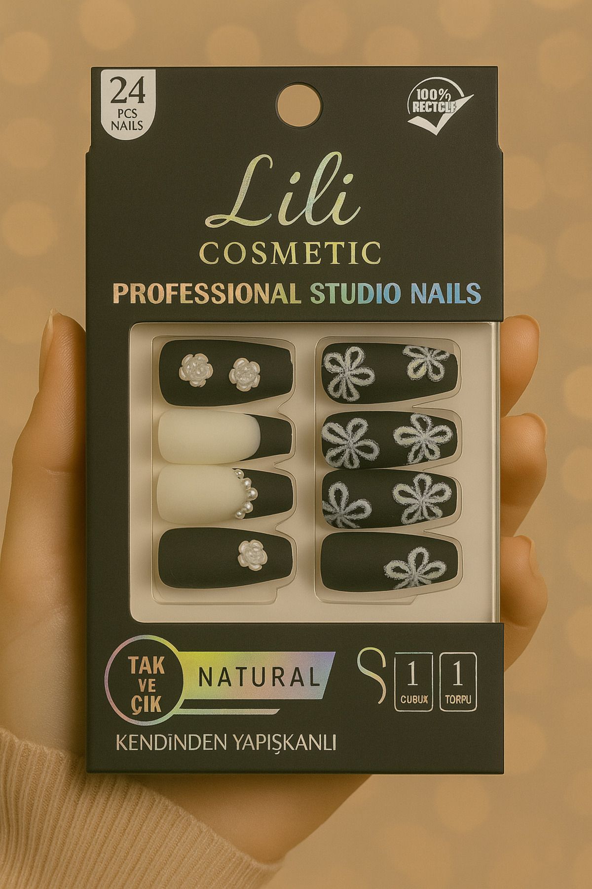 Lili Cosmetic Lüx Çiçekli Taşlı Siyah Beyaz Mat Desenli Takma Tırnak 24 lü Kendinden Yapışkanlı
