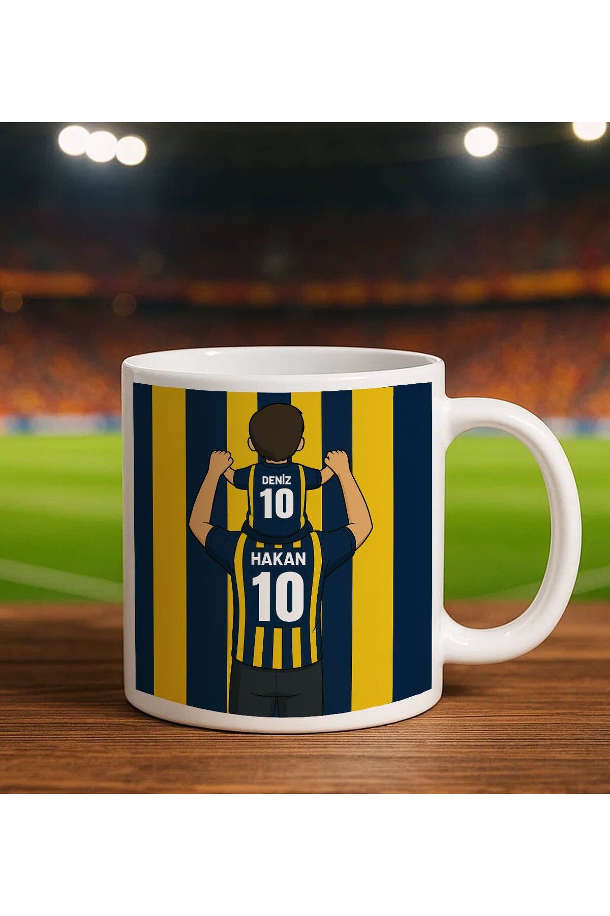 Bk Gift Kişiye Özel Baba&Çocuk Sarı-Lacivert Forma Tasarımlı Beyaz Kupa Bardak, Arkadaşa Hediye, Sev