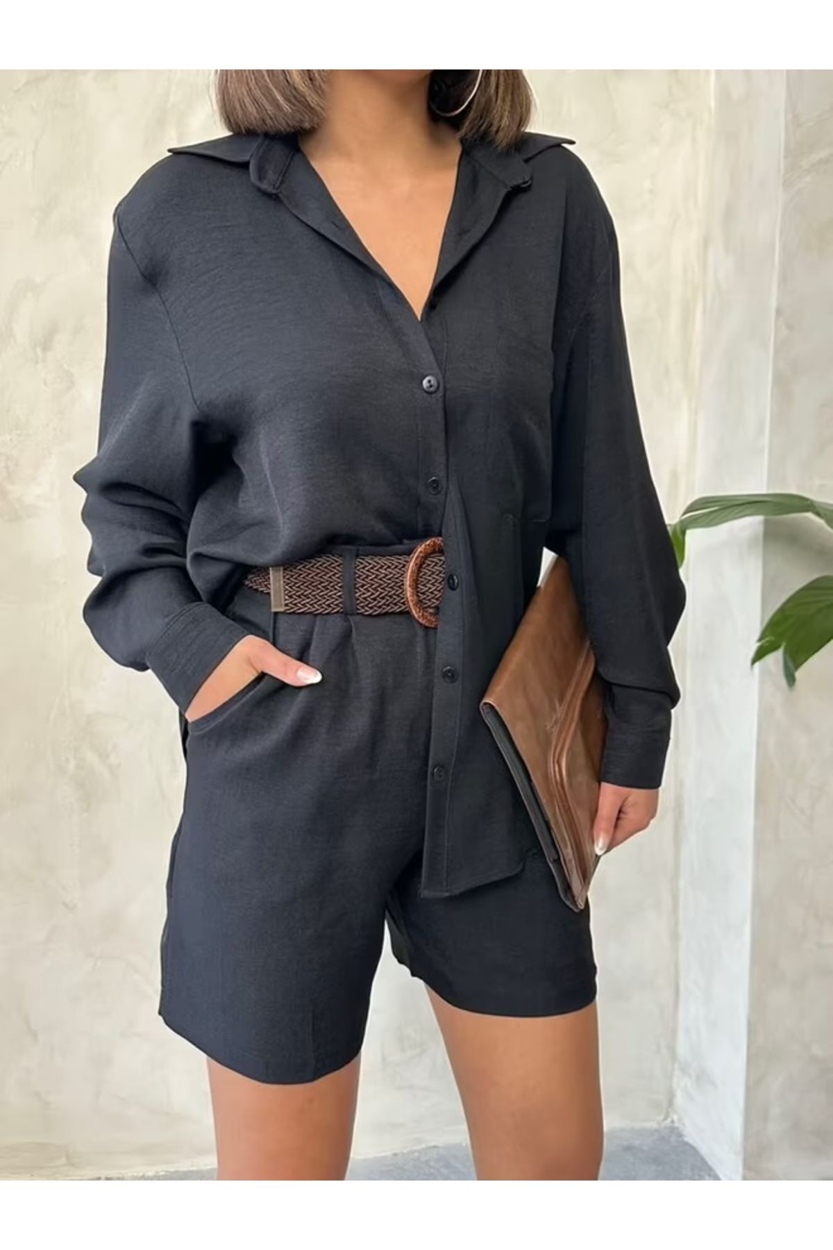 MORENA BUTİK Hasır Kemerli Şehir Boy Keten Şort