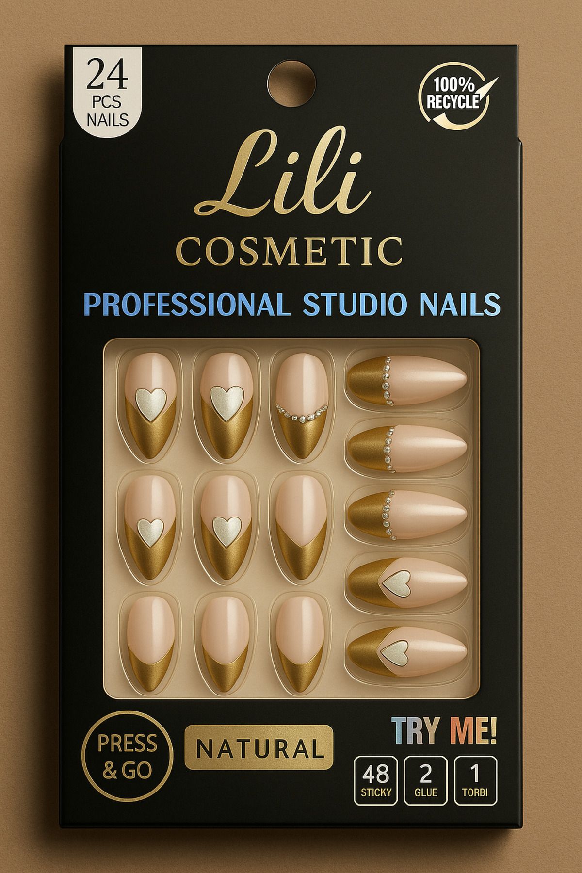 Lili Cosmetic Lüx Pembe Kalpli Taşlı Altın Uçlu Badem Takma Tırnak Kendinden Yapışkanlı