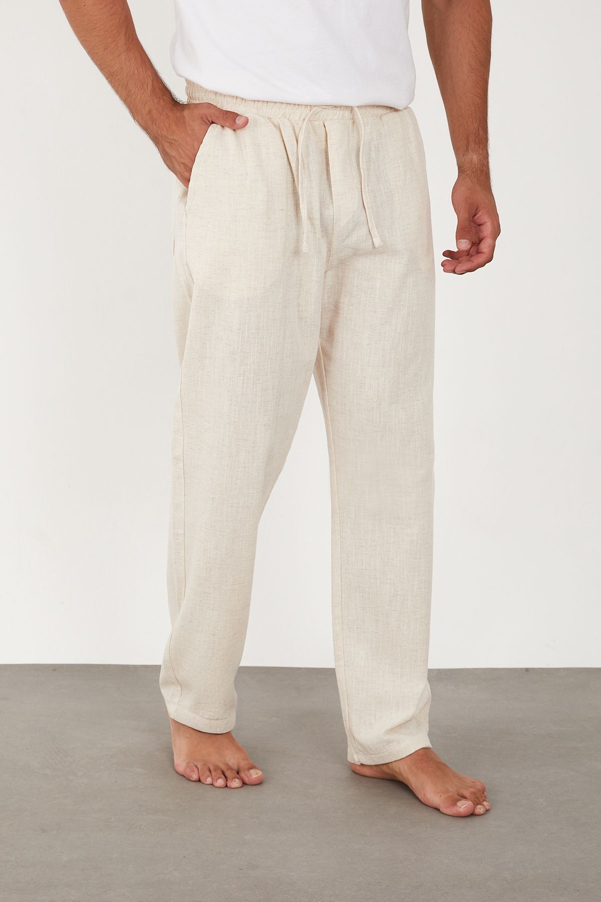 FRANKNESS JNS-Men's Linen Trousers Elastic Waist Baggy Relaxed Fit 3