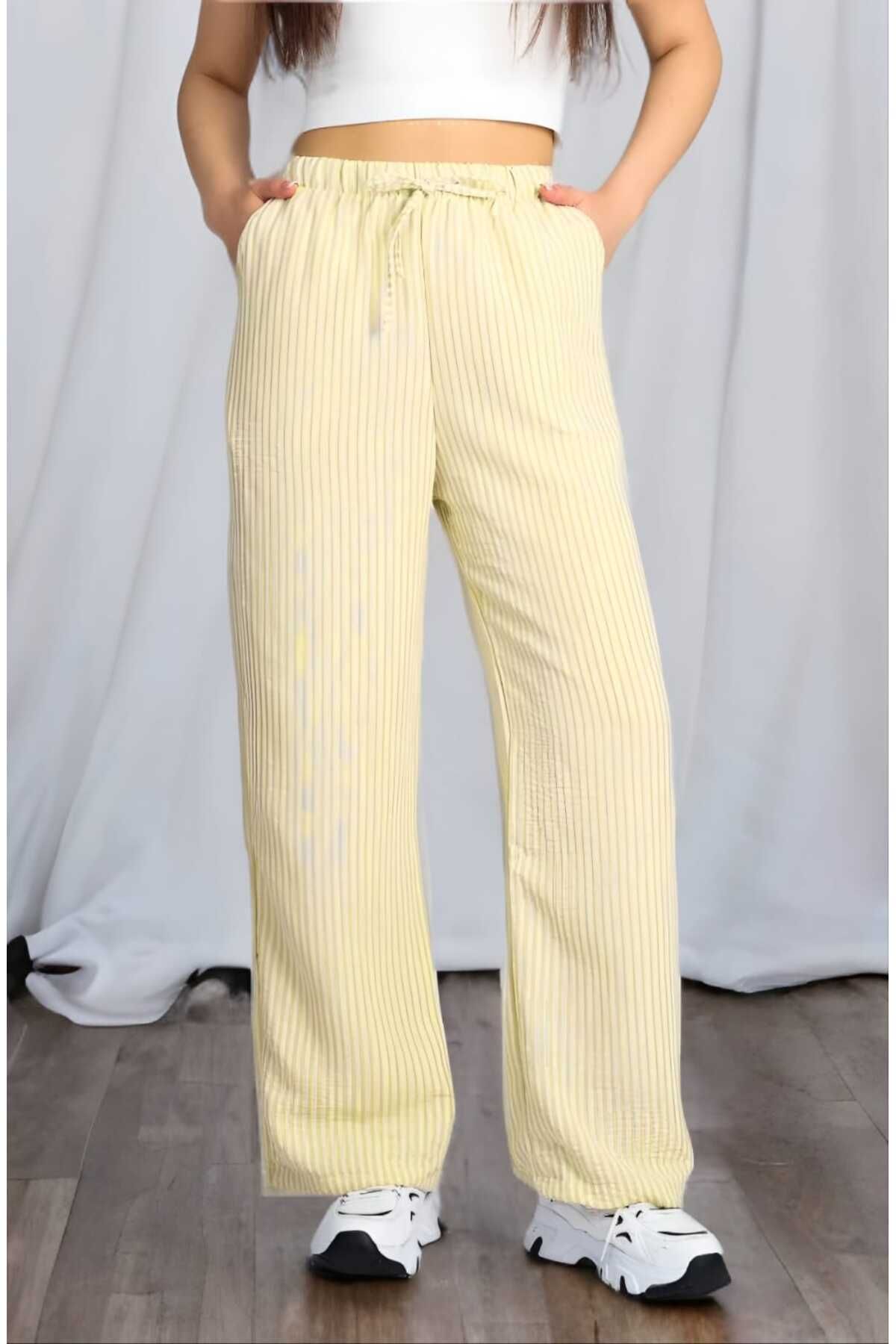 CNG MODA Unisex Su Yolu Çizgili Keten Karışımlı Torba Pantolon