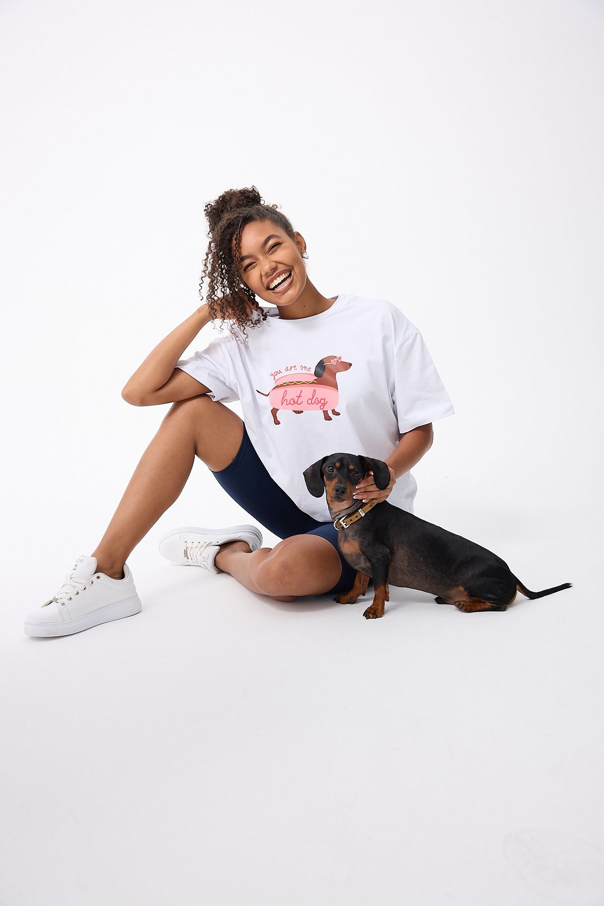Vooya Fashion Hot Dog Baskılı Oversize Pamuklu Beyaz Kadın T-shirt