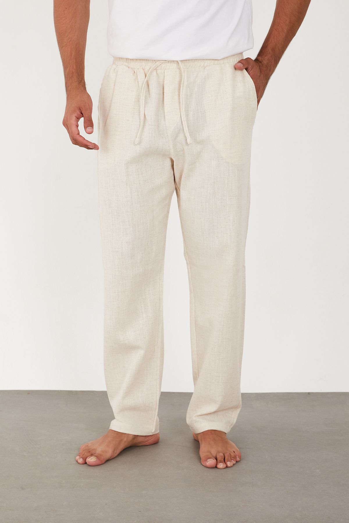 FRANKNESS JNS-Men's Linen Trousers Elastic Waist Baggy Relaxed Fit 2