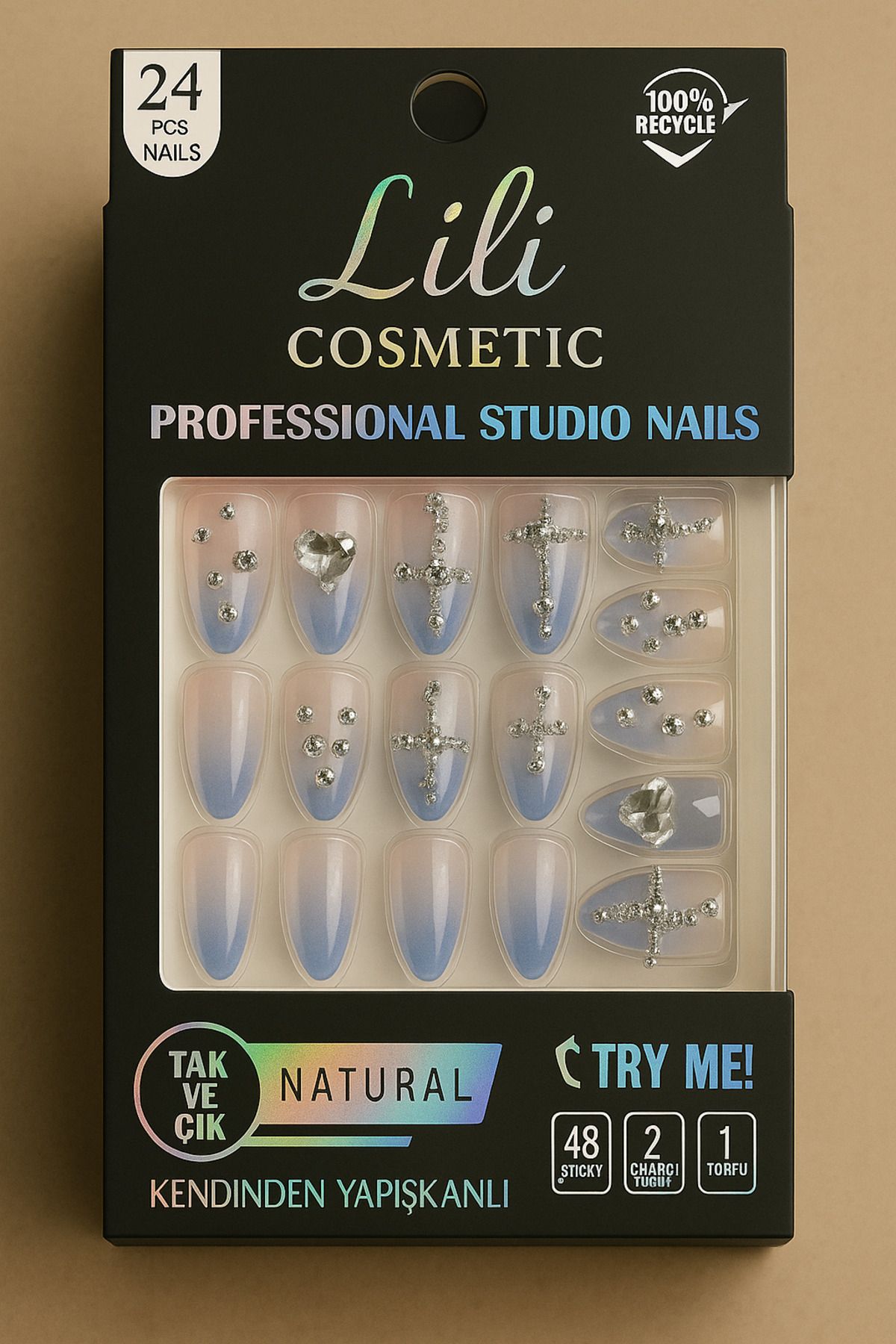 Lili Cosmetic Lüx Taşlı 5D Mavi Fade Takma Tırnak Kendinden Yapışkanlı