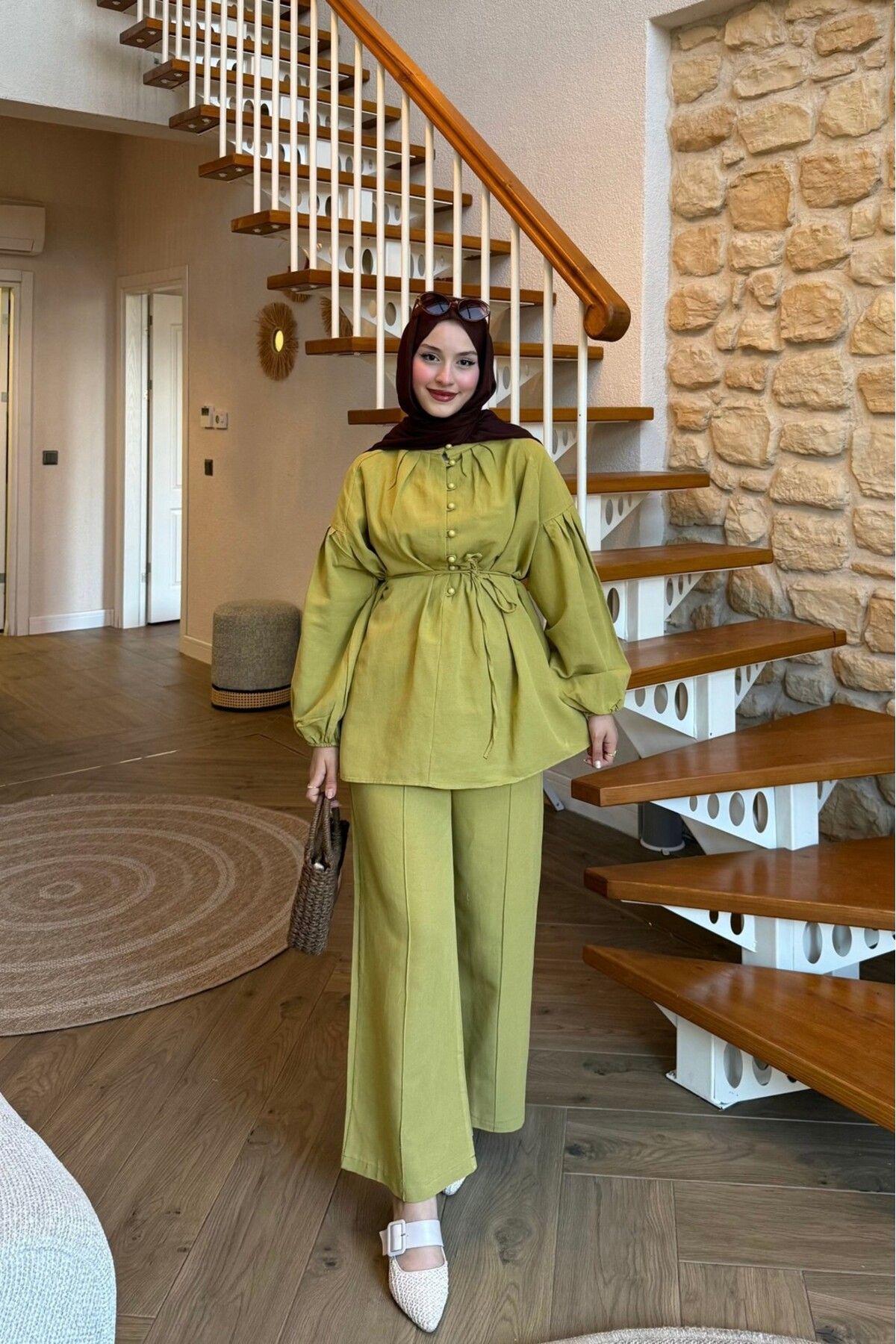lurex moda Keten Balon Kol Yarım Düğmeli Takım