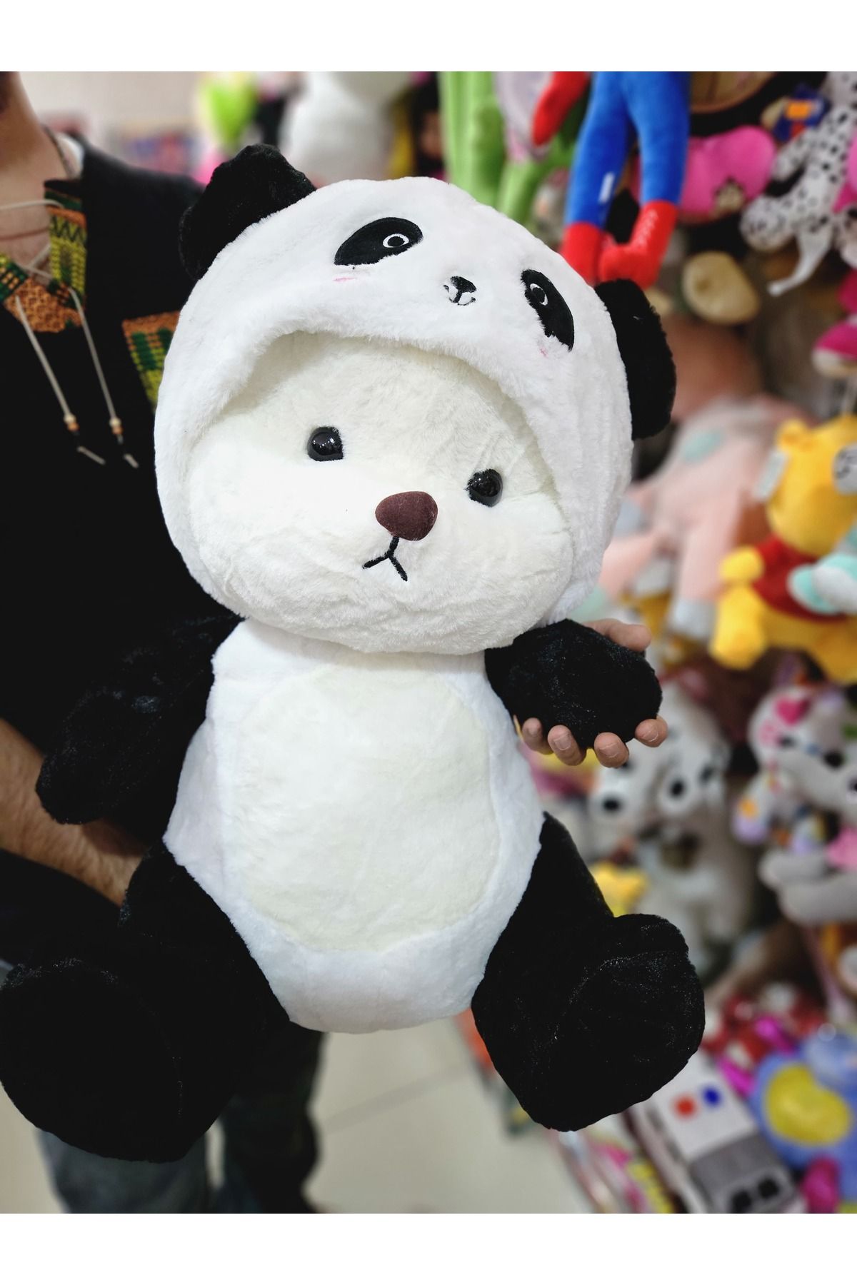 Online 60 Cm Kapüşonlu Sevimli Peluş Panda - Panda Figürlü Peluş Ayı Yumuşacık Oyuncak Peluş