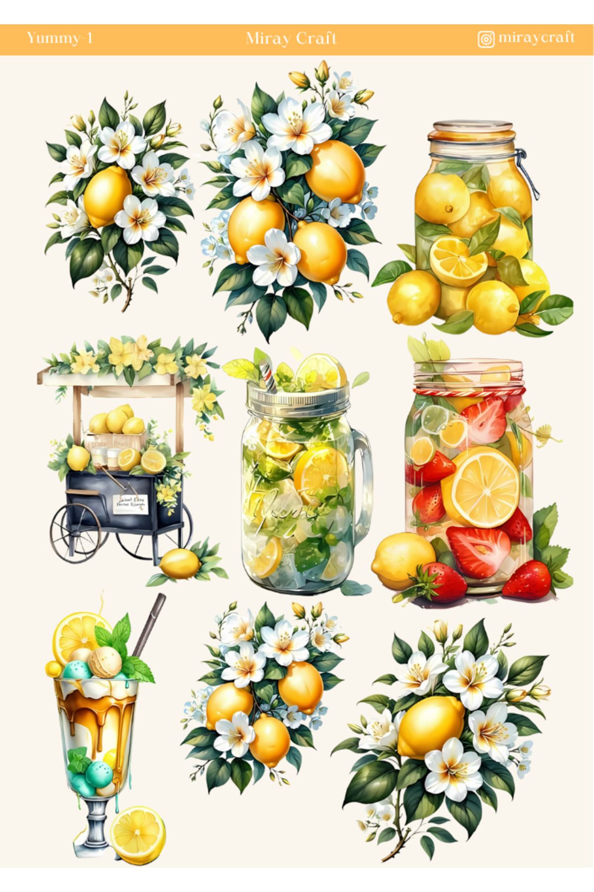 MirayDesign 1 Adet Yummy Temalı Sticker – 12x17 cm Scrapbook, Bullet Journal, Planlayıcı İçin