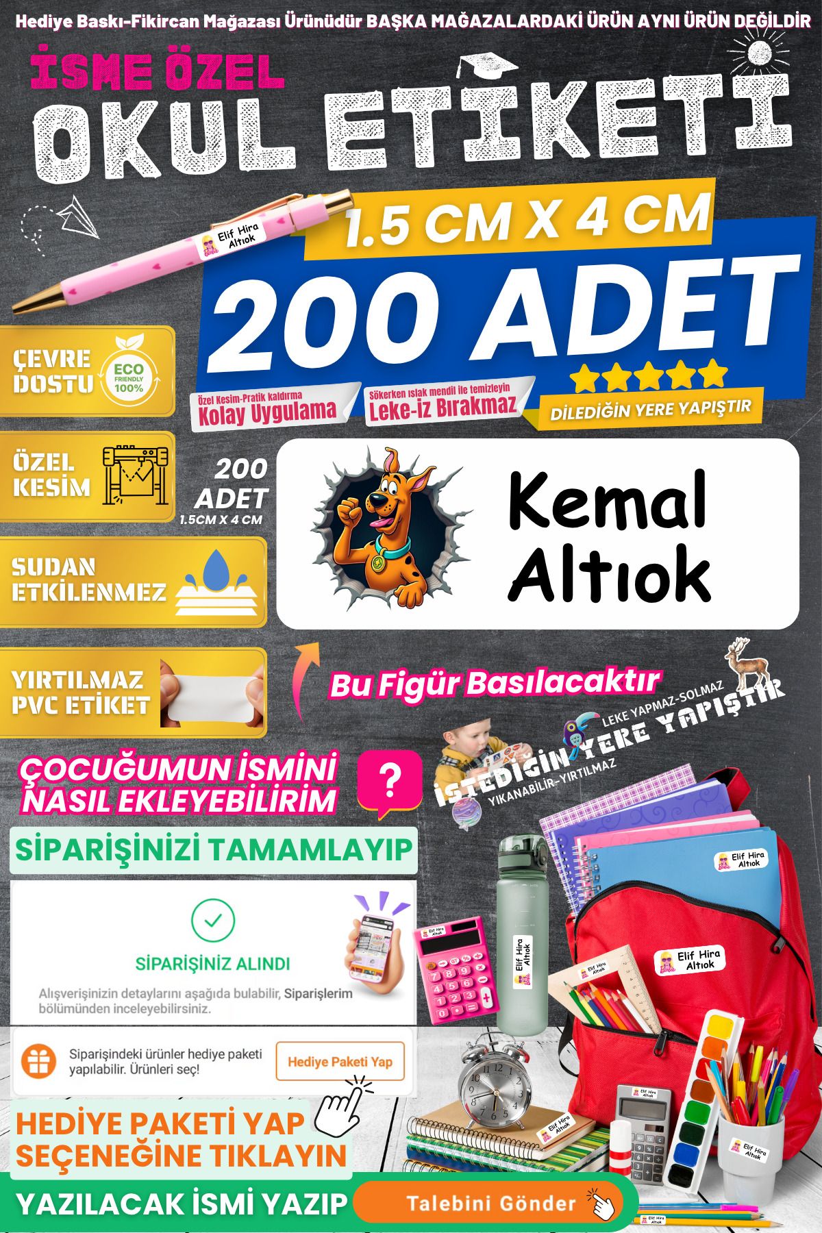 FİKİRCAN Fikircan-İsme Özel Okul Etiketi-Scooby-Doo 200 Adet - Kokusuz Ekolojik Mürekkep PVC ETİKET