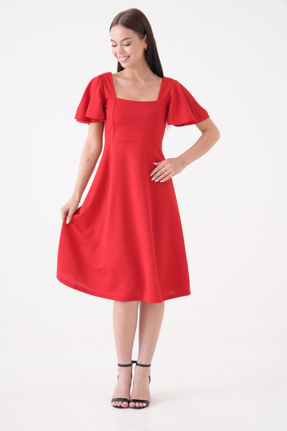 vuvutasarım-New Season Sleeve Detail Flexible Scuba Crepe Fabric Square Collar Midi Length Women's Evening Dress Graduation Dress 082 5