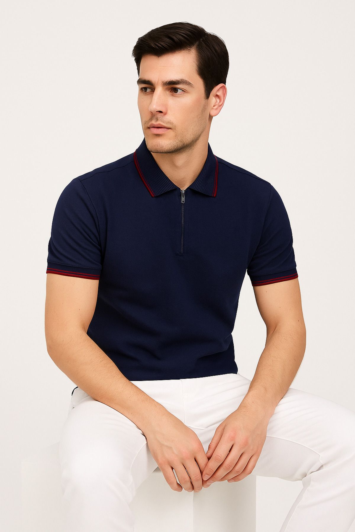 UOMOPARK 2989-2 Erkek Fermuarlı Polo Yaka Tişört Kırmızı Çizgi Detaylı, , Regular Fit, Yazlık Şık Spor Stil