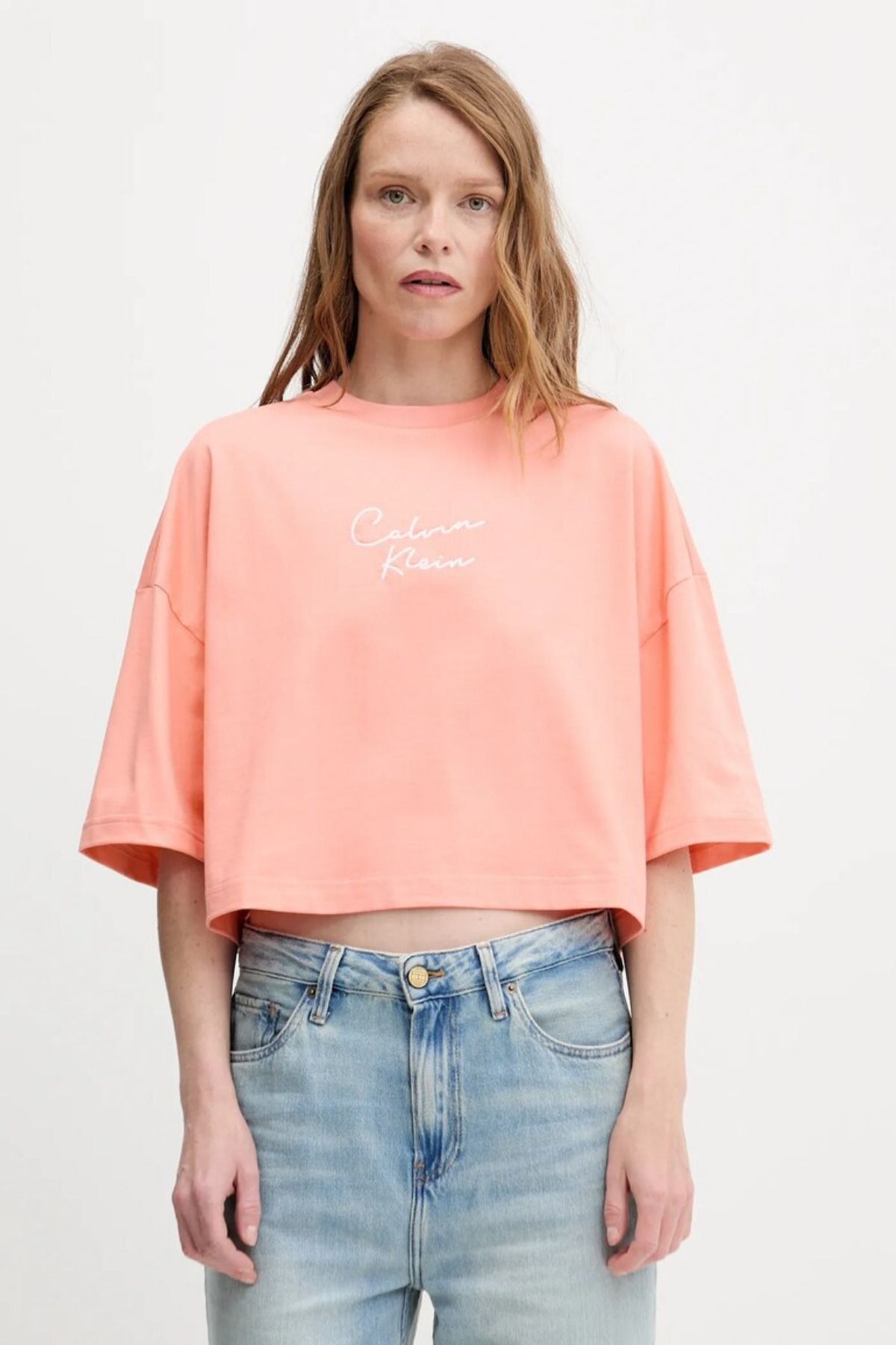 Calvin Klein Cropped Boxy Chain Stitch Logo Turuncu Kadın T-Shirt