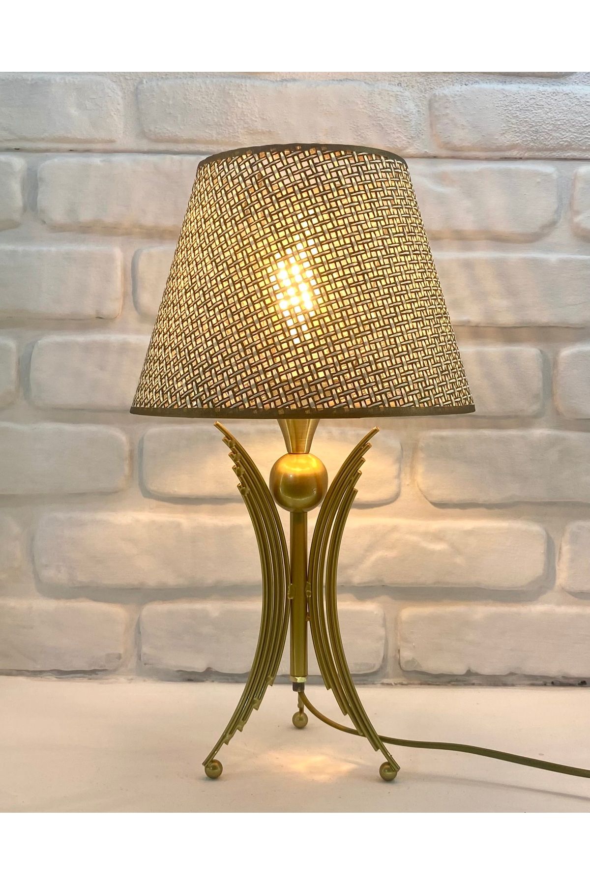 365GUNSERİSONU Decodelight Eskitme Gold Kaplama Metal Ayaklı Kumaş Şapkalı Angel Model Abajur
