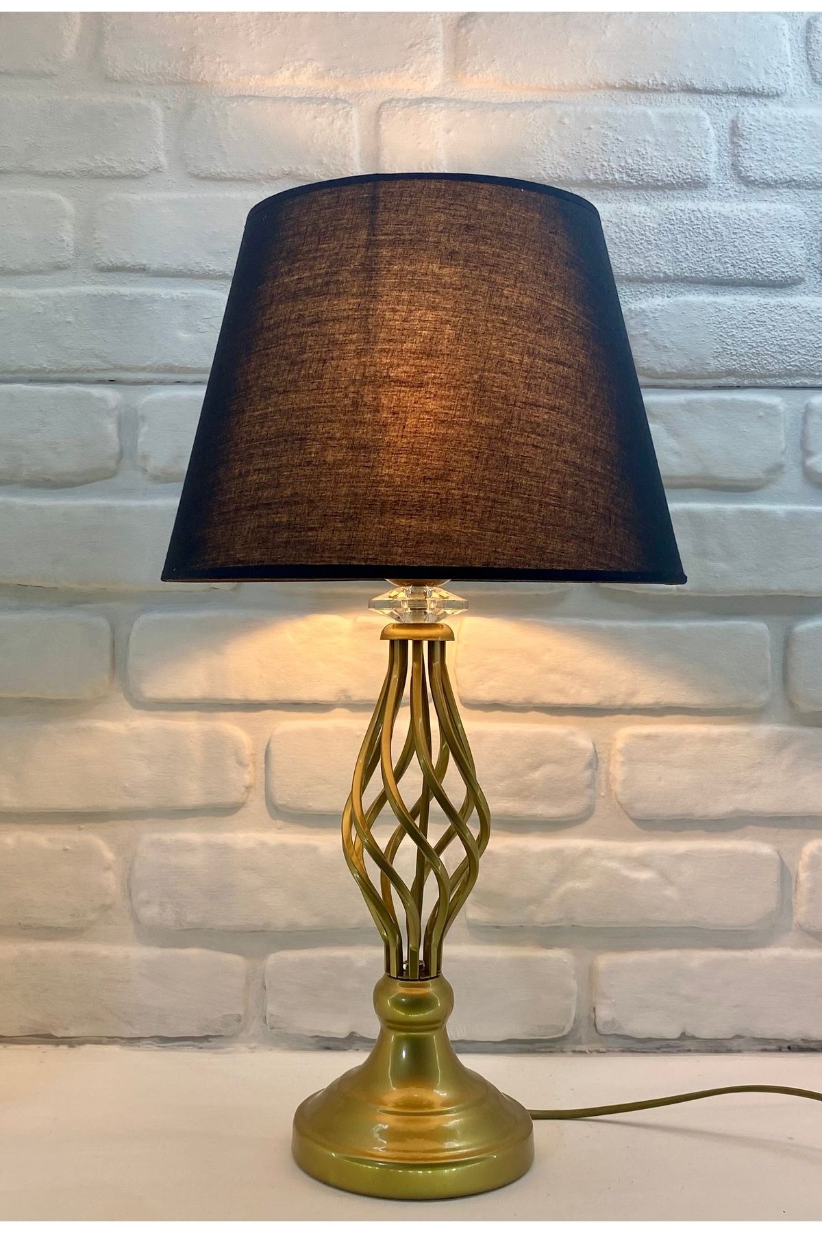 365GUNSERİSONU Decodelight Eskitme Gold Rustik Burgulu Metal Ayaklı Kristal Taşlı Keten Kumaşlı Abajur