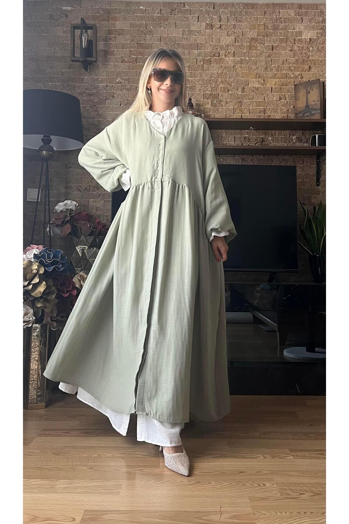 Cardella Kadın Oversize Müslin Elbise Keten İçlikli Tesettür Uyumlu Çift Katlı Tasarım