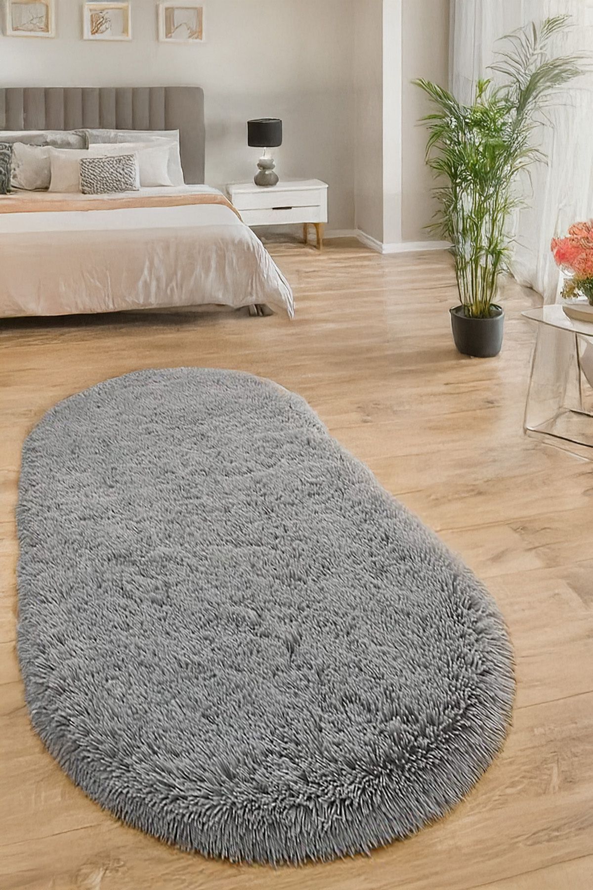 Halika Home Gri Oval Post Halı Yumuşak Peluş Dot Taban Antibakteriyel Makinada Yıkanabilir Yolluk Kaymaz