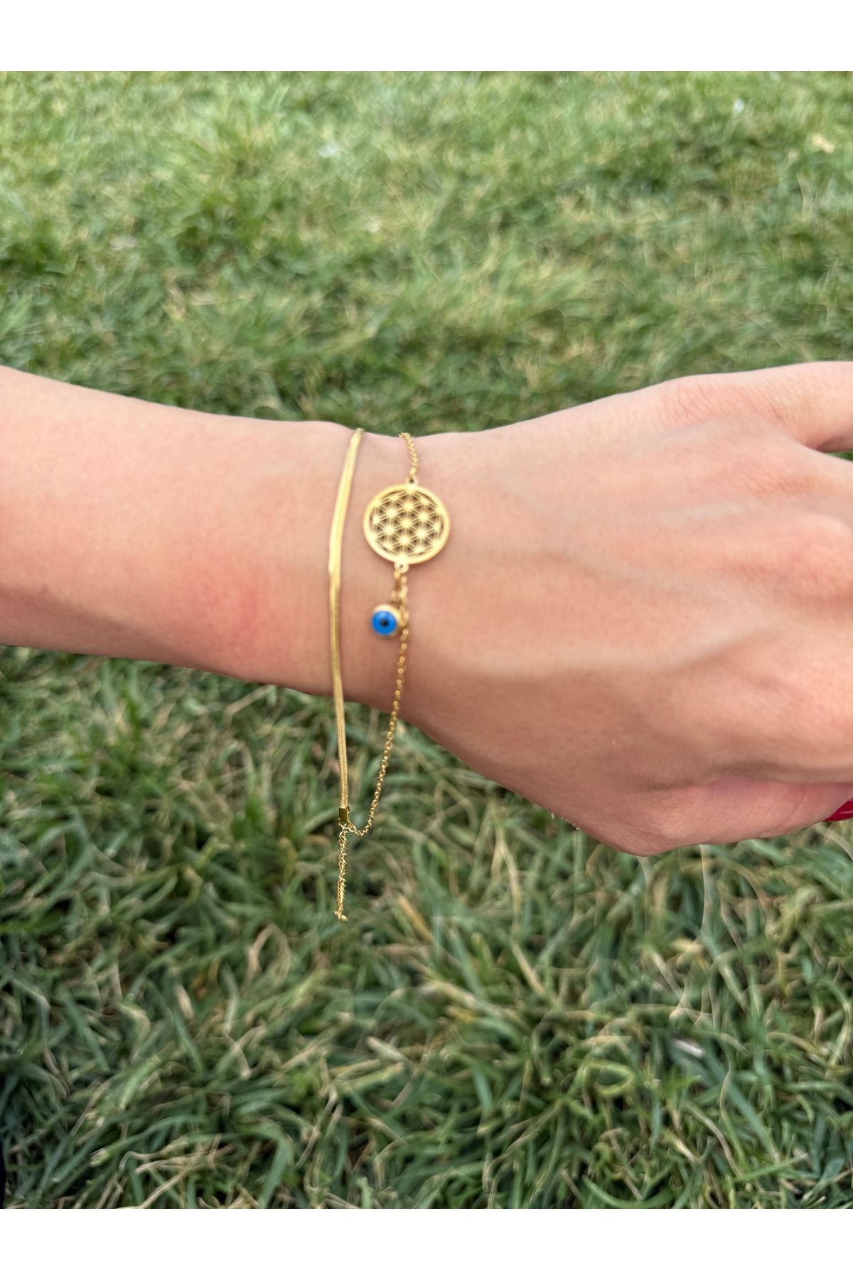 ARMELİA ACCESORİES Armelia Accessories Nazar Boncuklu Yaşam Çiçeği Figürlü Gold Çelik Bileklik