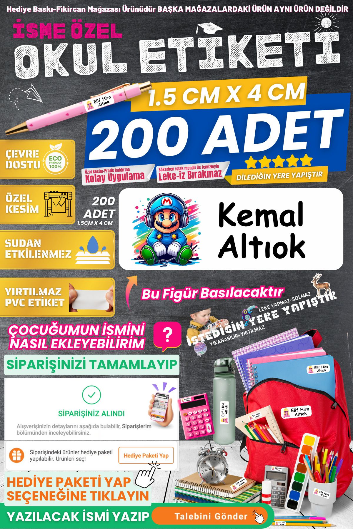 FİKİRCAN Fikircan-İsme Özel Okul Etiketi-KAPTAN MARİO 200 Adet - Kokusuz Ekolojik Mürekkep PVC ETİKET