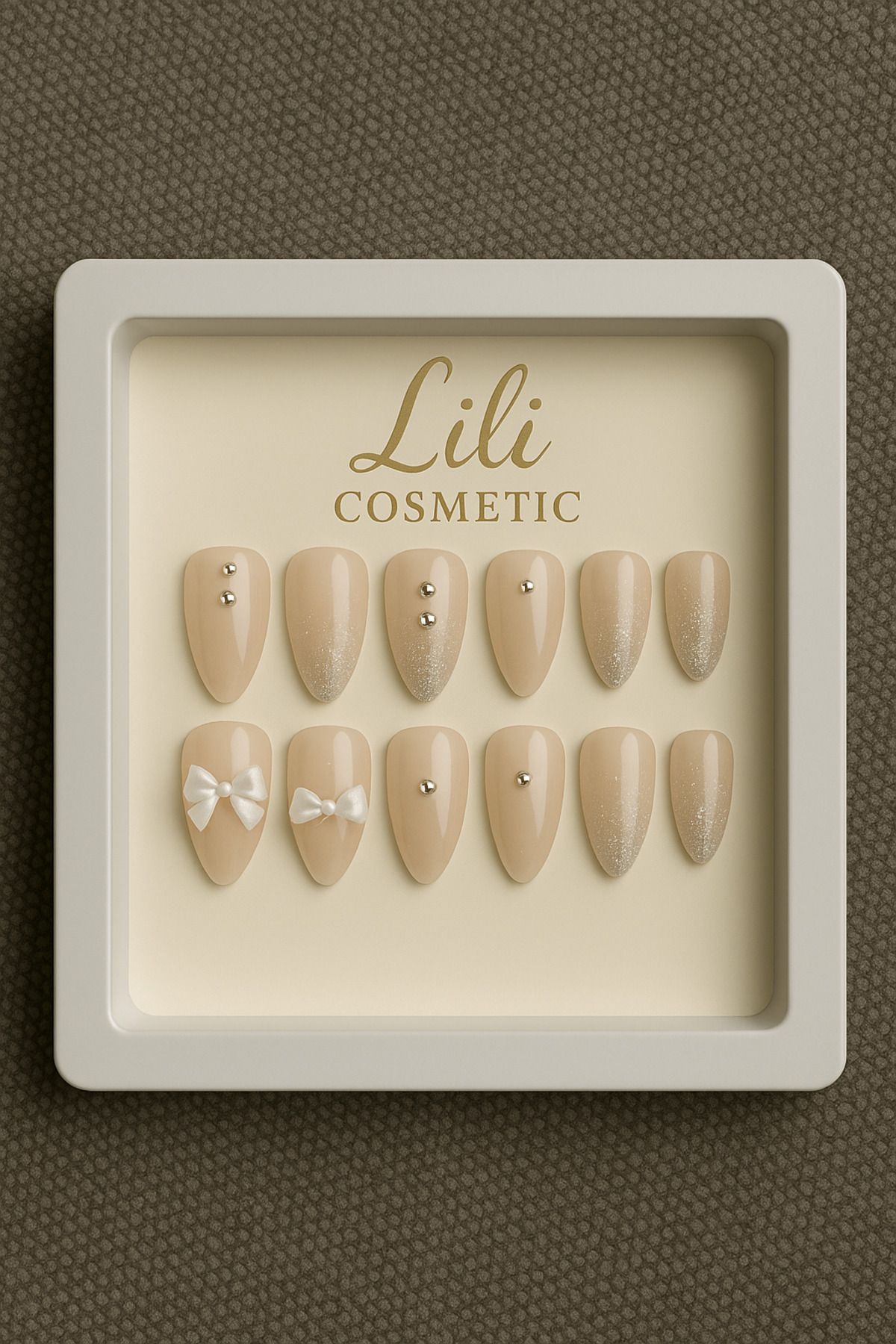 Lili Cosmetic Lüx Taşlı Beyaz Kurdeleli Gri Simli Uçlı Bej Pembe Badem Takma Tırnak 12li