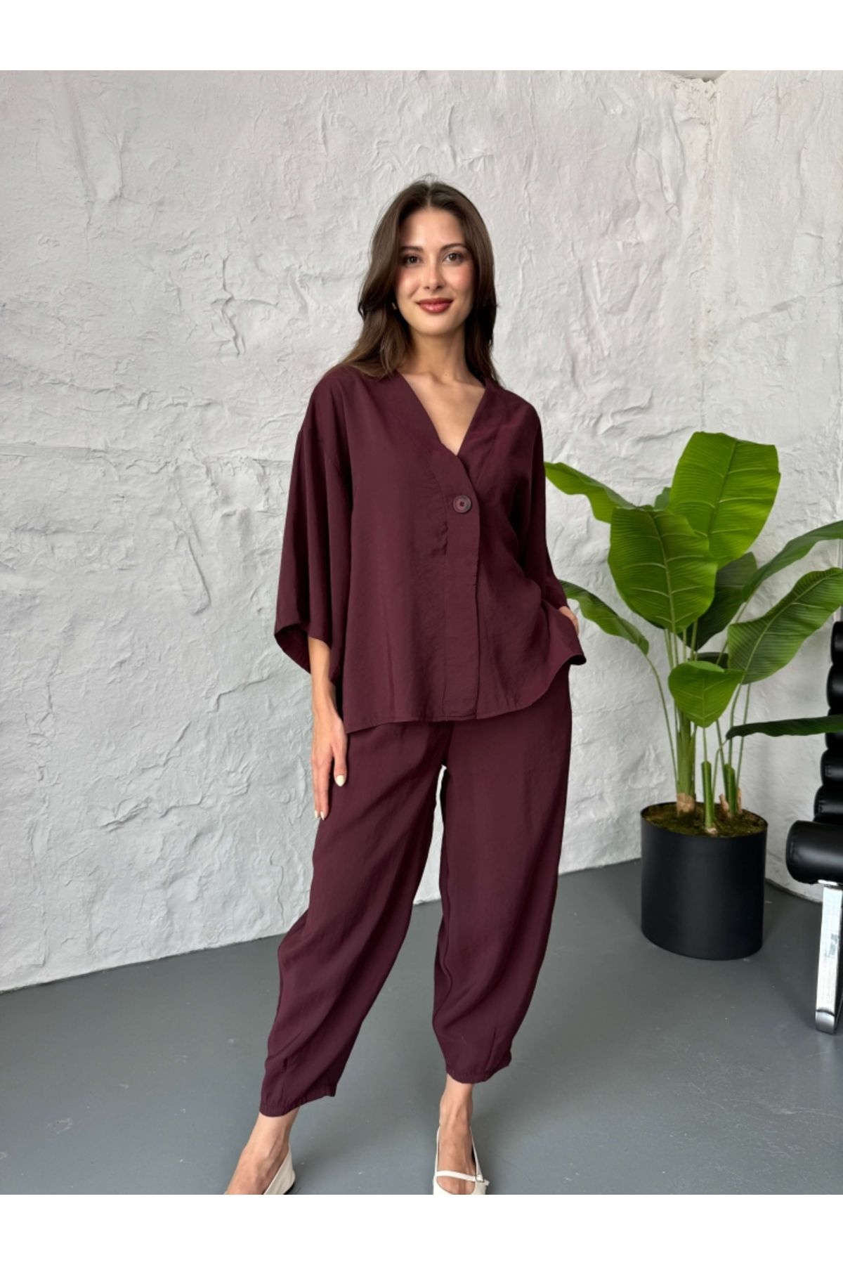 Elif Özbey Butik Mürdüm Tek Düğmeli Bluz Pantolon Takım