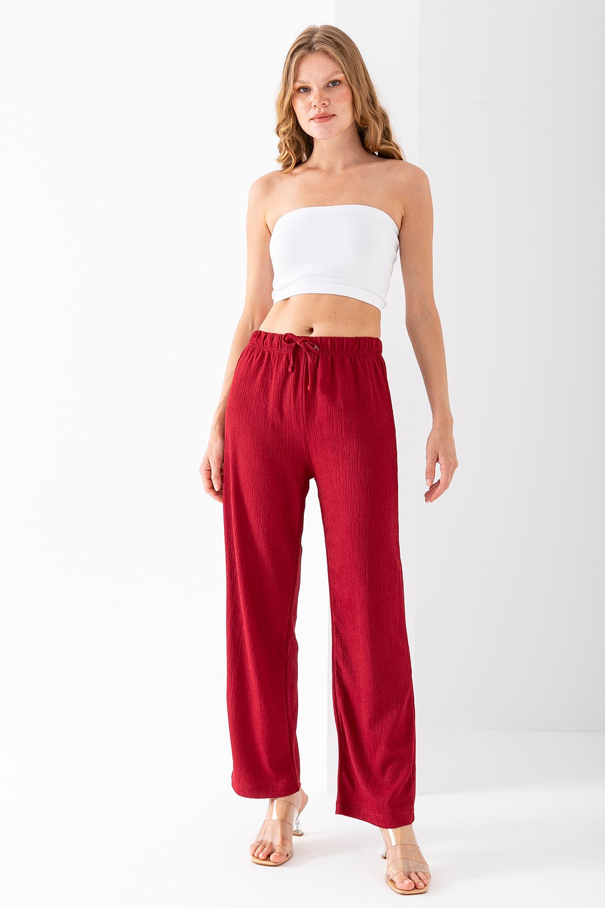 GİYSA Kadın Beli Ayarlanabilir Bol Paça Bürümcük Pantolon Bordo - 925079