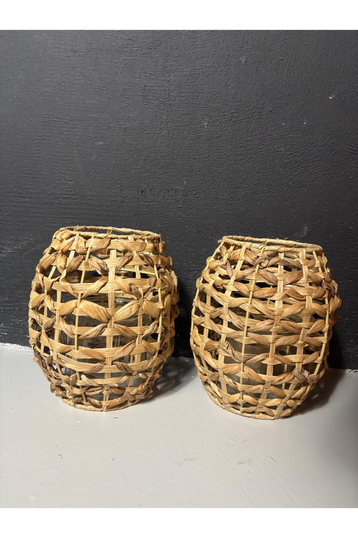 Ekodoğa HASIR MUMLUK VAZO DEKORATİF TOMBUL FENER 2 Lİ SET 19 CM