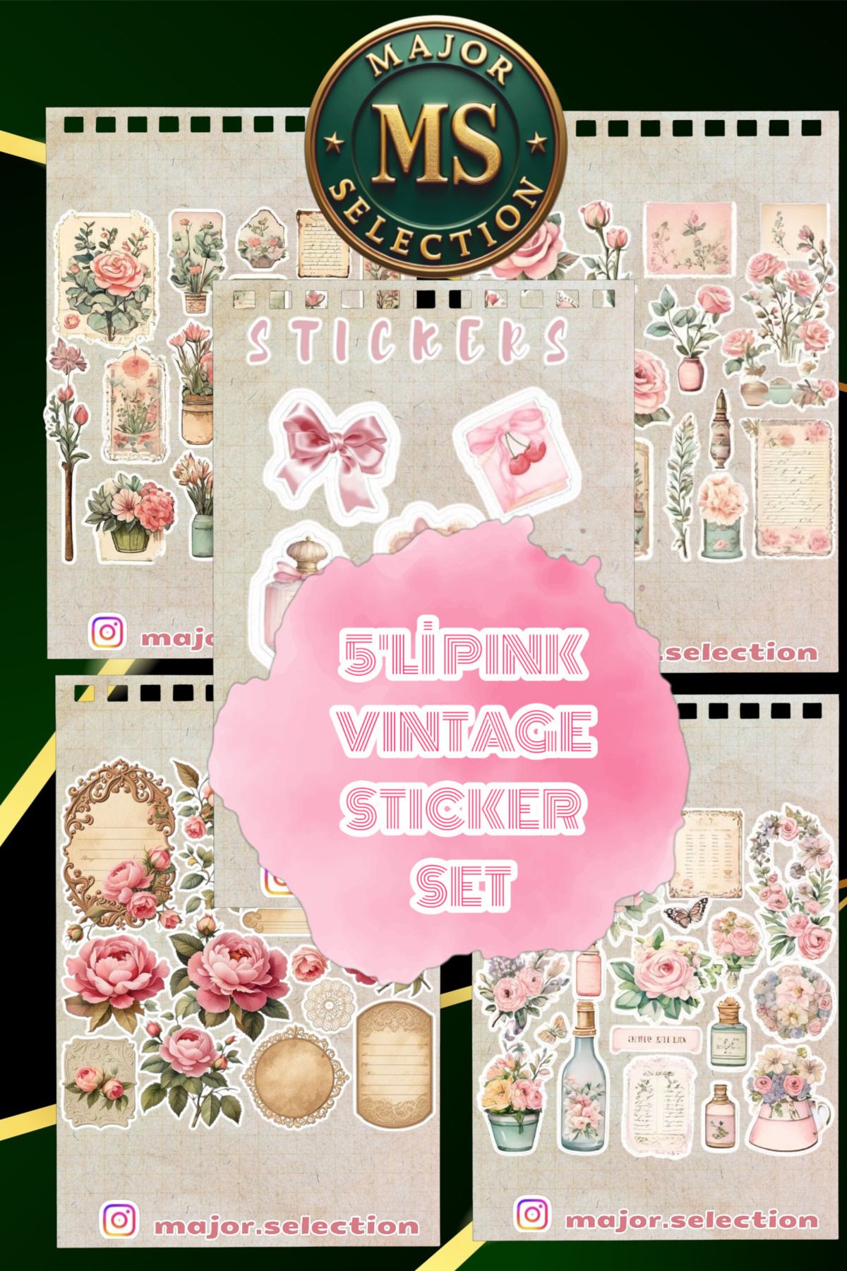 MS Major Selection 5'li Pink Rose Vintage Sticker Planner Ajanda Bullet Journal Için Uygun Set
