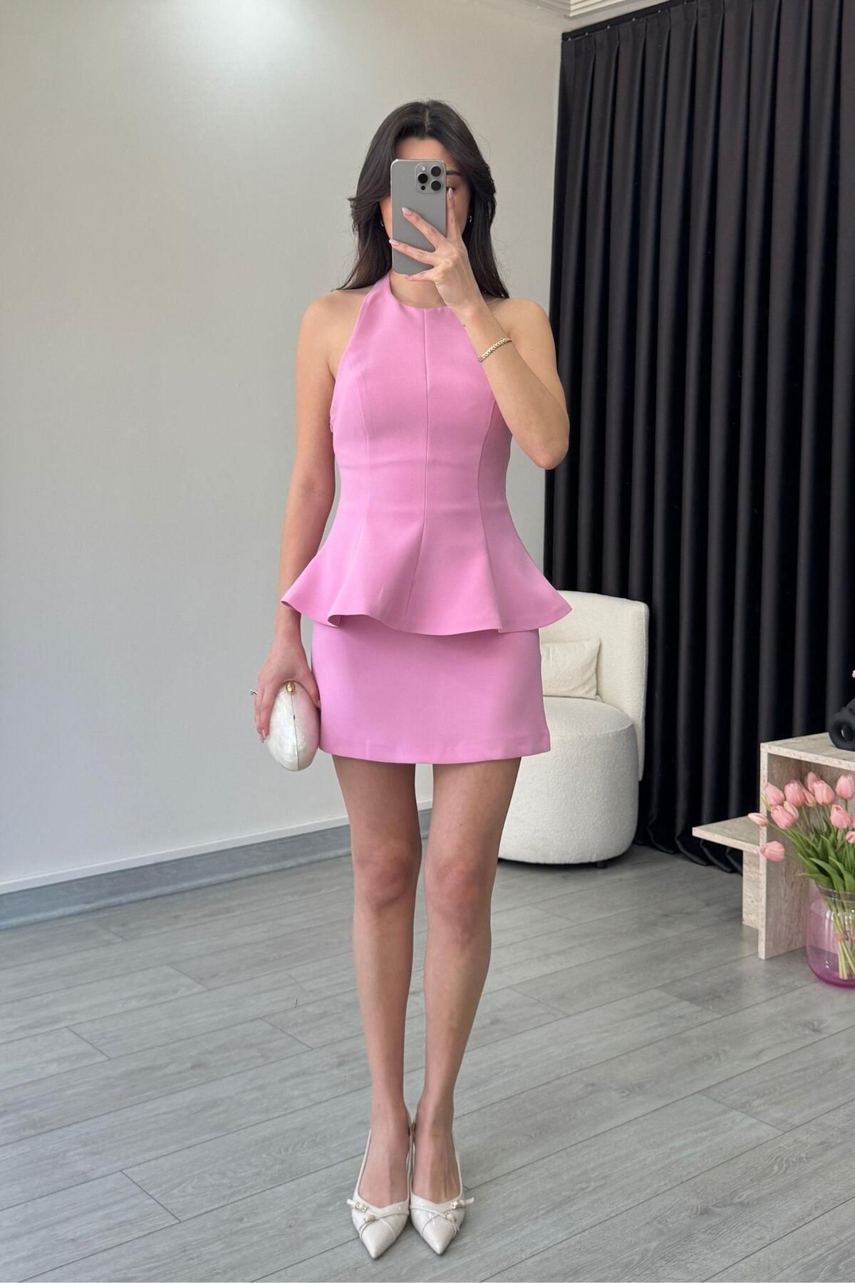 ECEMİ Flora Pembe Volanlı Büstiyer Etek Takım