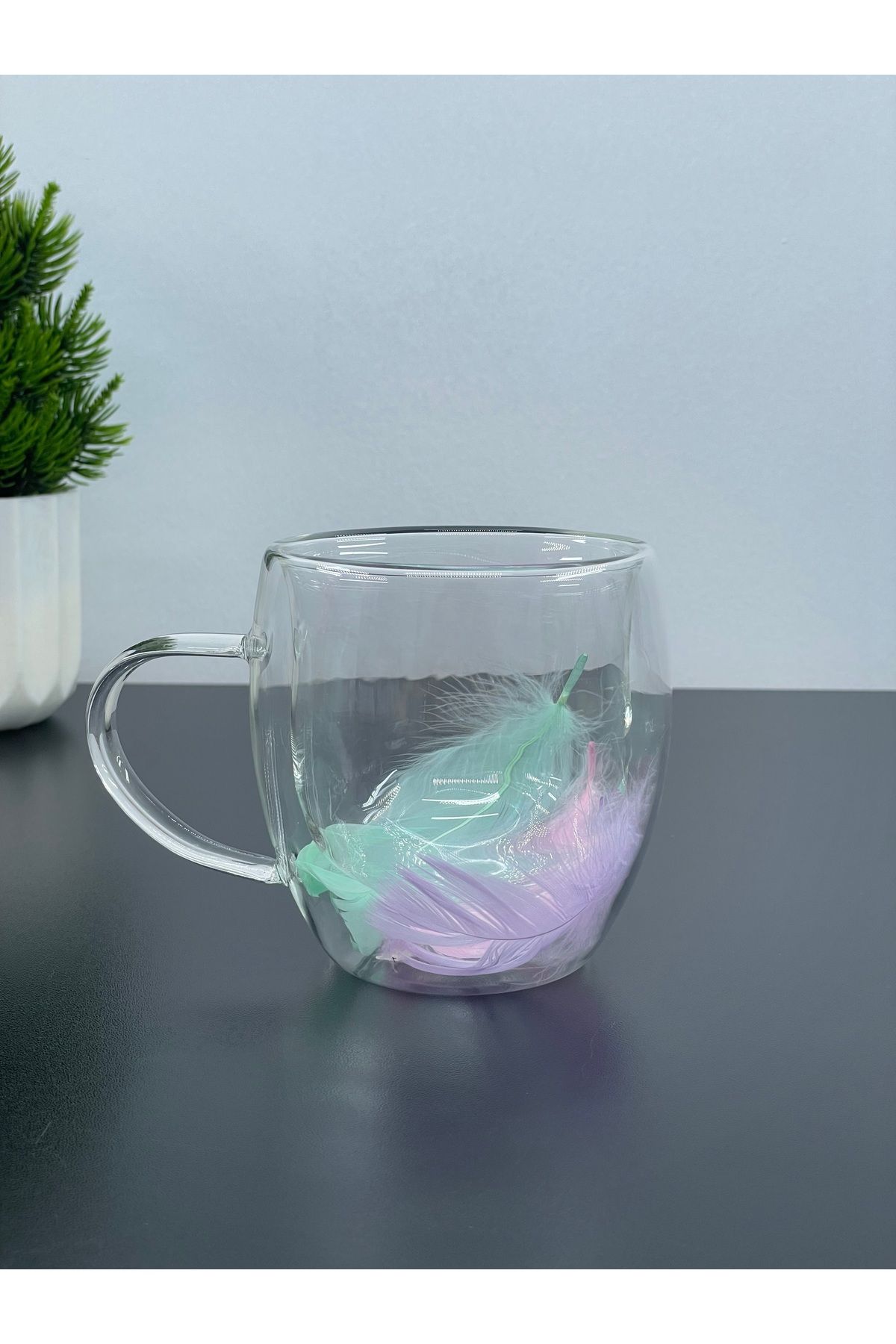 YzHome Tekli Çift Cidarlı Cam Kulplu Tüylü Kupa Bardak 250 ml