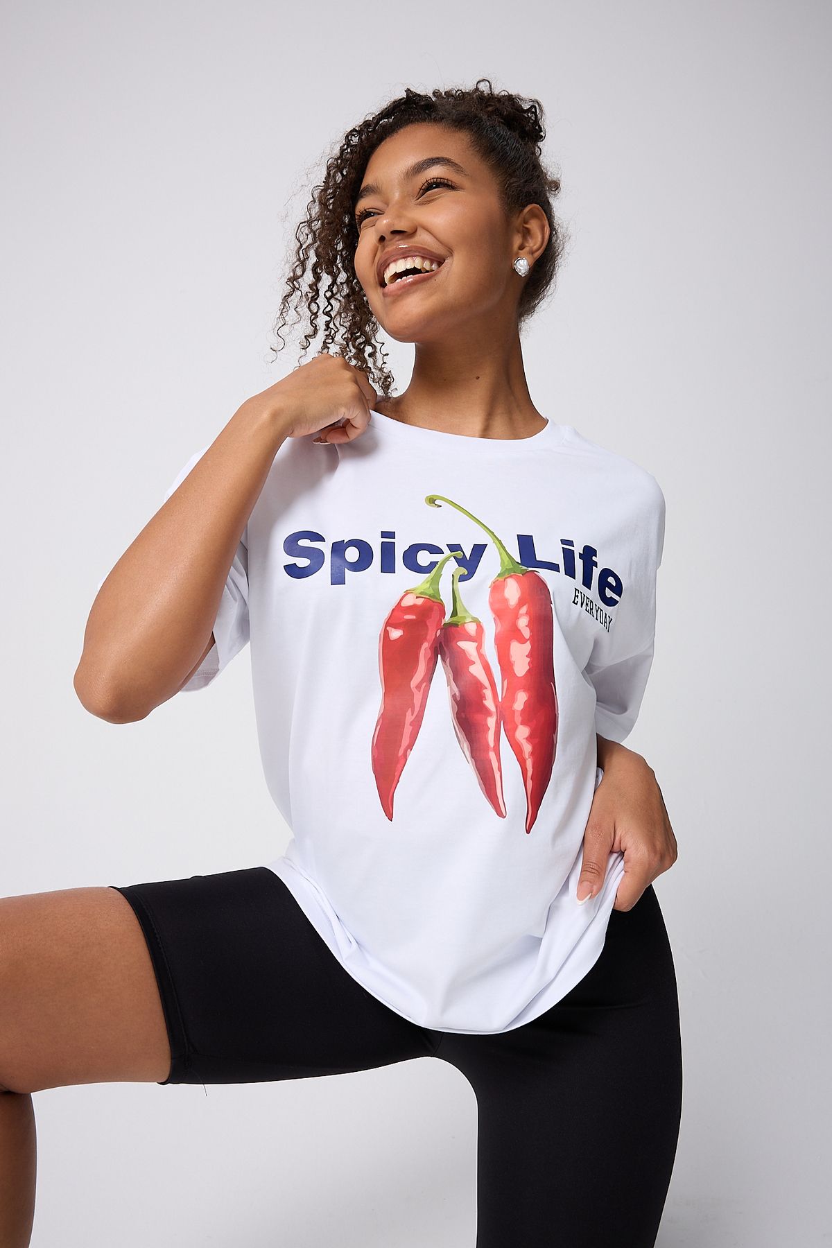 Vooya Fashion Spicy Life Baskılı Oversize Pamuklu Beyaz Kadın T-shirt