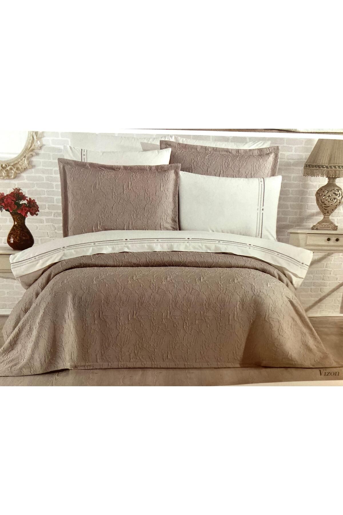 MaralHome Modern Yatak Örtüsü Seti 9 Parça Vizon