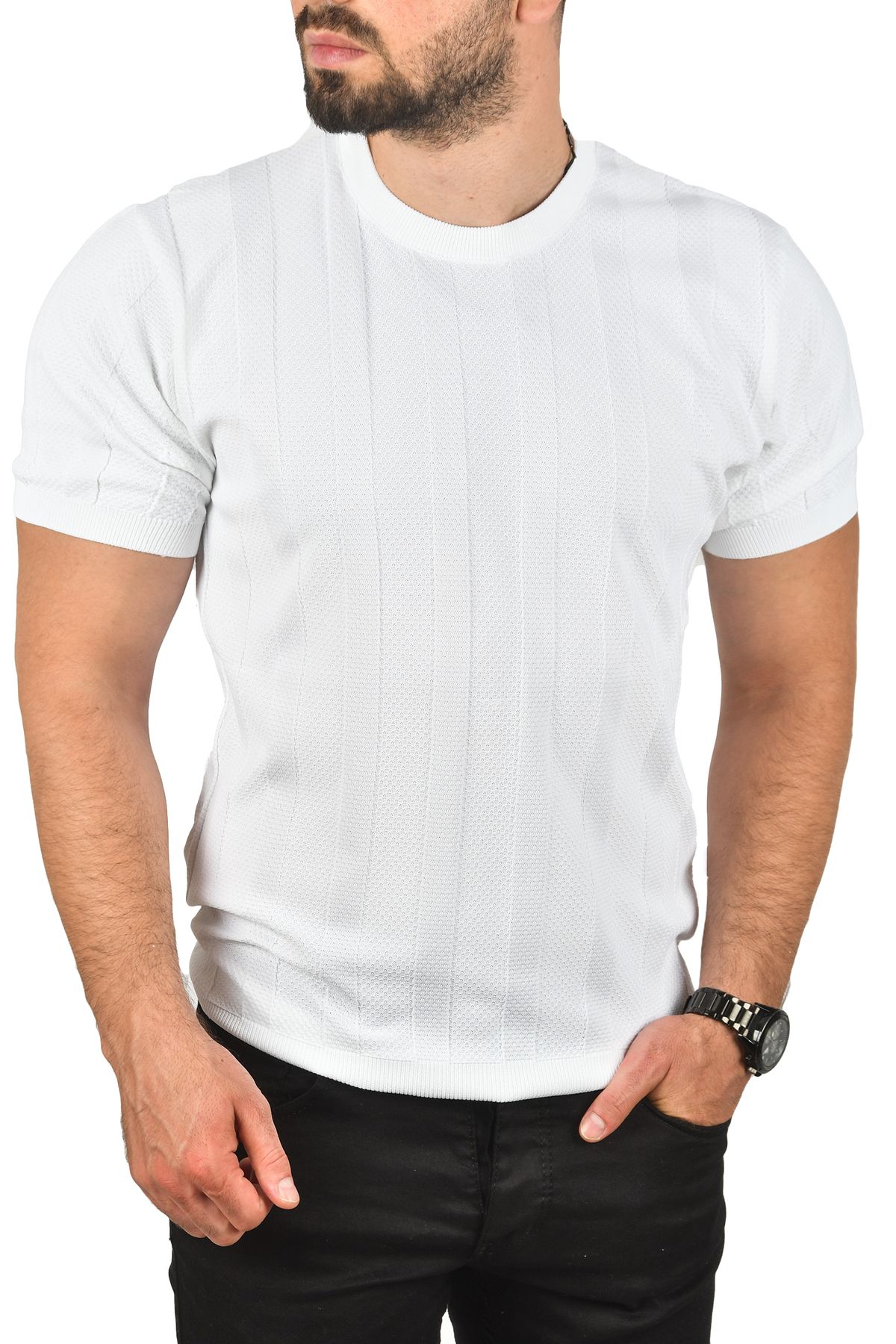 Rizz up Erkek Beyaz Dar Kesim Pamuklu Triko Tişört Slim Fit Nefes Alan Bisiklet Yaka Tişört 2504348