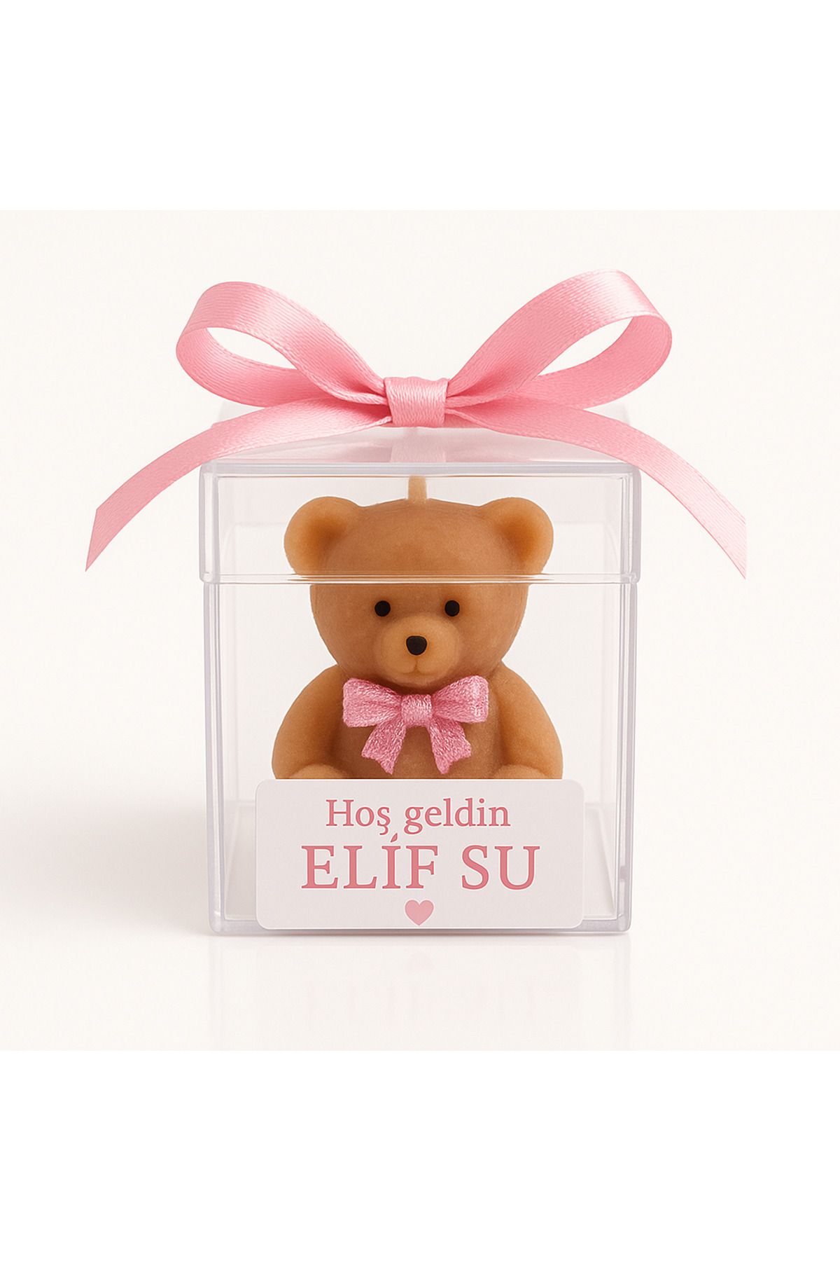 LARİNA Hoş Geldin Kız Bebek Ayıcık Mum Hediyelik-Pembe Kurdeleli–Mika Kutuda –Baby Shower-Bebek Mevlidi